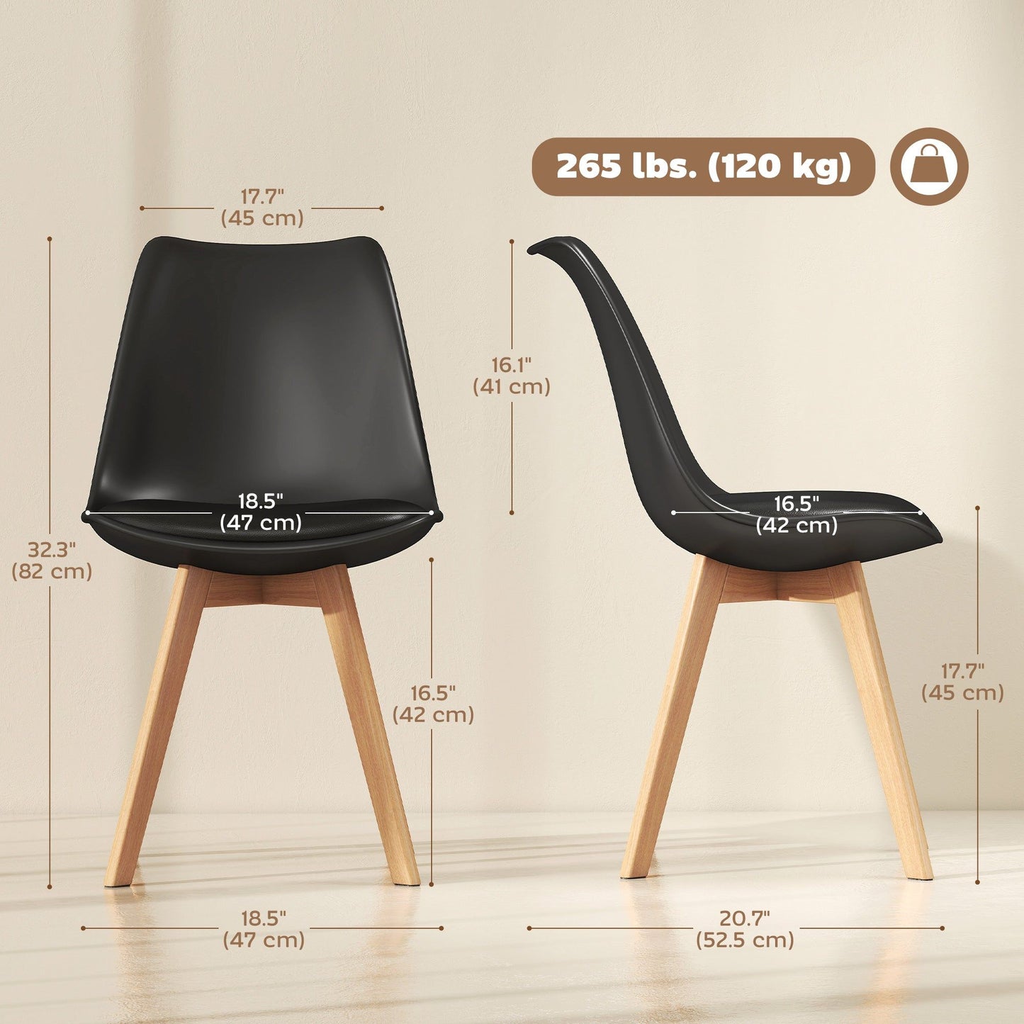 Wood Dining Chairs Set of 6 with PU Leather Seat - Black