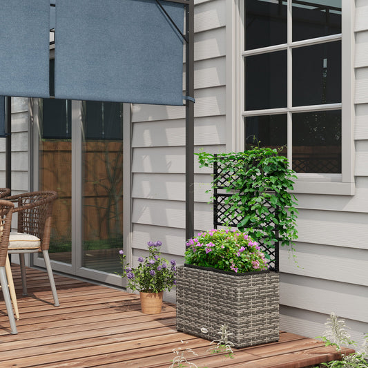 22L Raised Garden Box with Trellis, PE Rattan Free Standing Flower Raised Garden Bed with Two Plant Boxes, Garden Planter Box for Climbing Plants, Mixed Grey