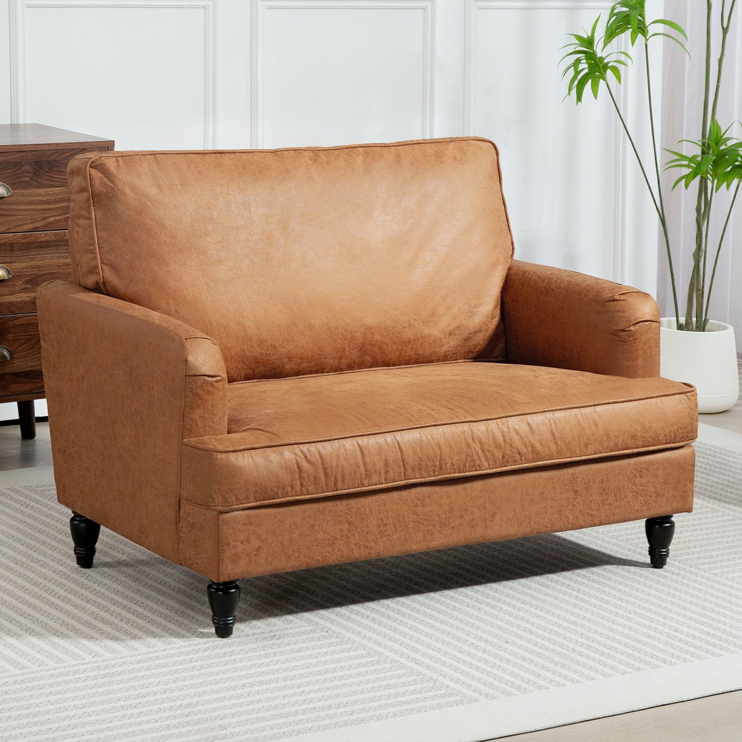 Modern Accent Chair, Leathaire Armchair with Turned Legs and Wide Seat, Comfy Chair for Living Room, Brown