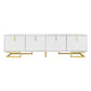 Modern TV Stand with Textured Doors, Gold Handles and Legs, Ample Storage Space, Easy to Install, 63" L x 15" W x 17.5" H, White