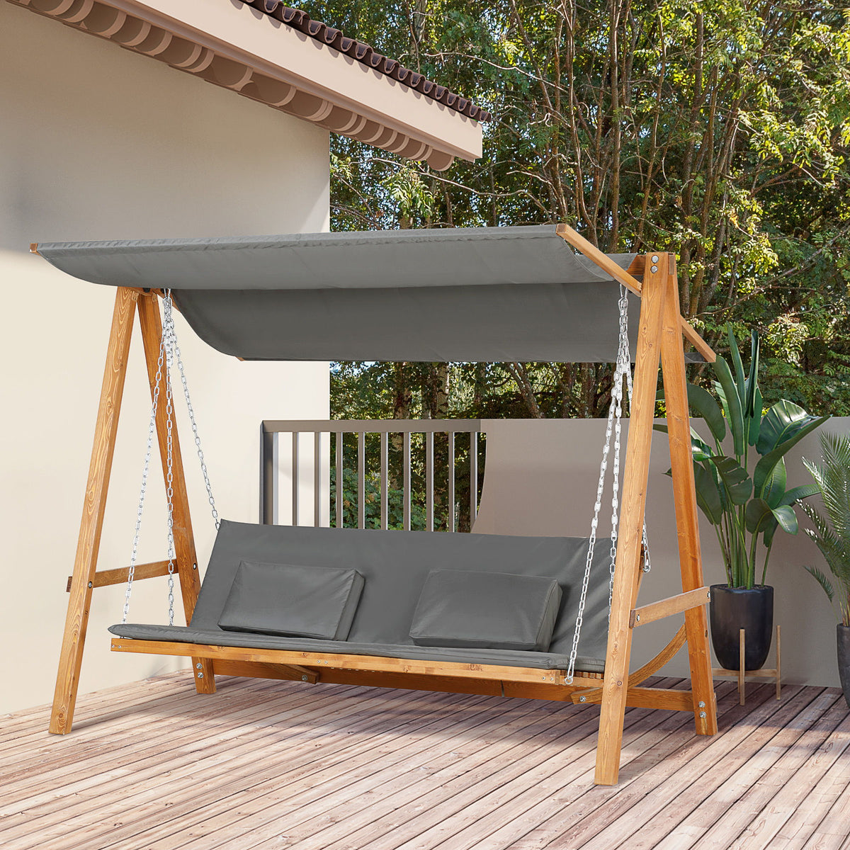 3 Seater Patio Swing Chair Convertible Cushioned Porch Swing Bed with Canopy, Wood Frame for Outdoor, Backyard, Garden