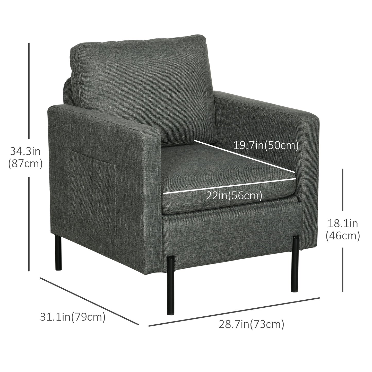 Armchair, Fabric Accent Chair, Modern Living Room Chair with Metal Legs, 2 Side Pockets for Bedroom, Grey