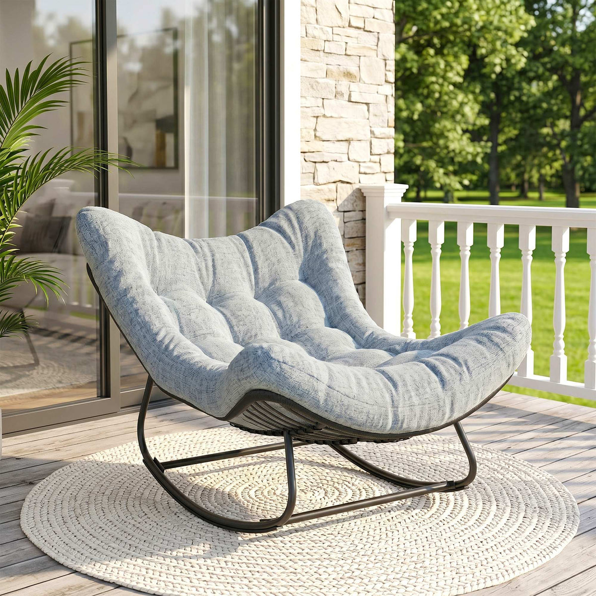Oversized Rattan Patio Egg Chair, Outdoor Rocking Chair with Padded Cushion for Indoor, Porch, Grey