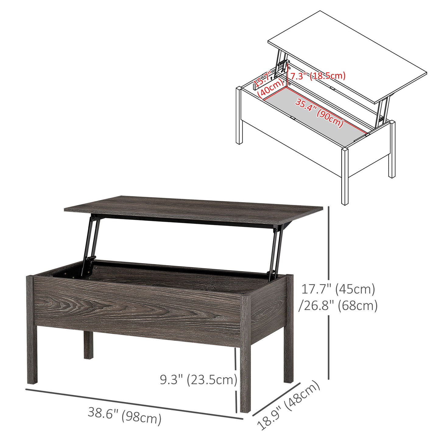39" Modern Lift Top Coffee Table with Hidden Storage Compartment, Center Table for Living Room, Grey