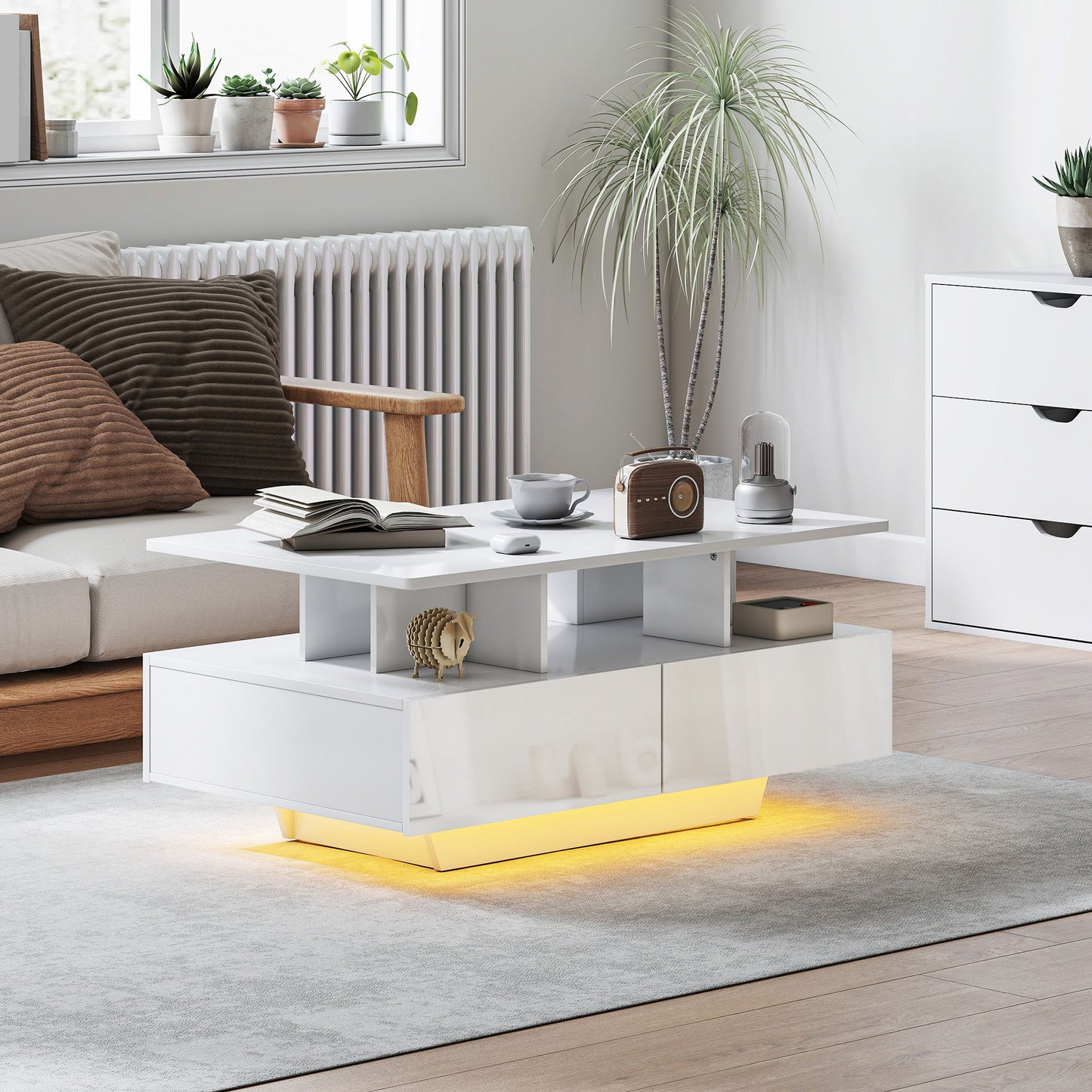 Coffee Table with RGB LED Lights, Modern Living Room Table with 4 Drawers, Open Shelf, Remote Control, High Gloss White