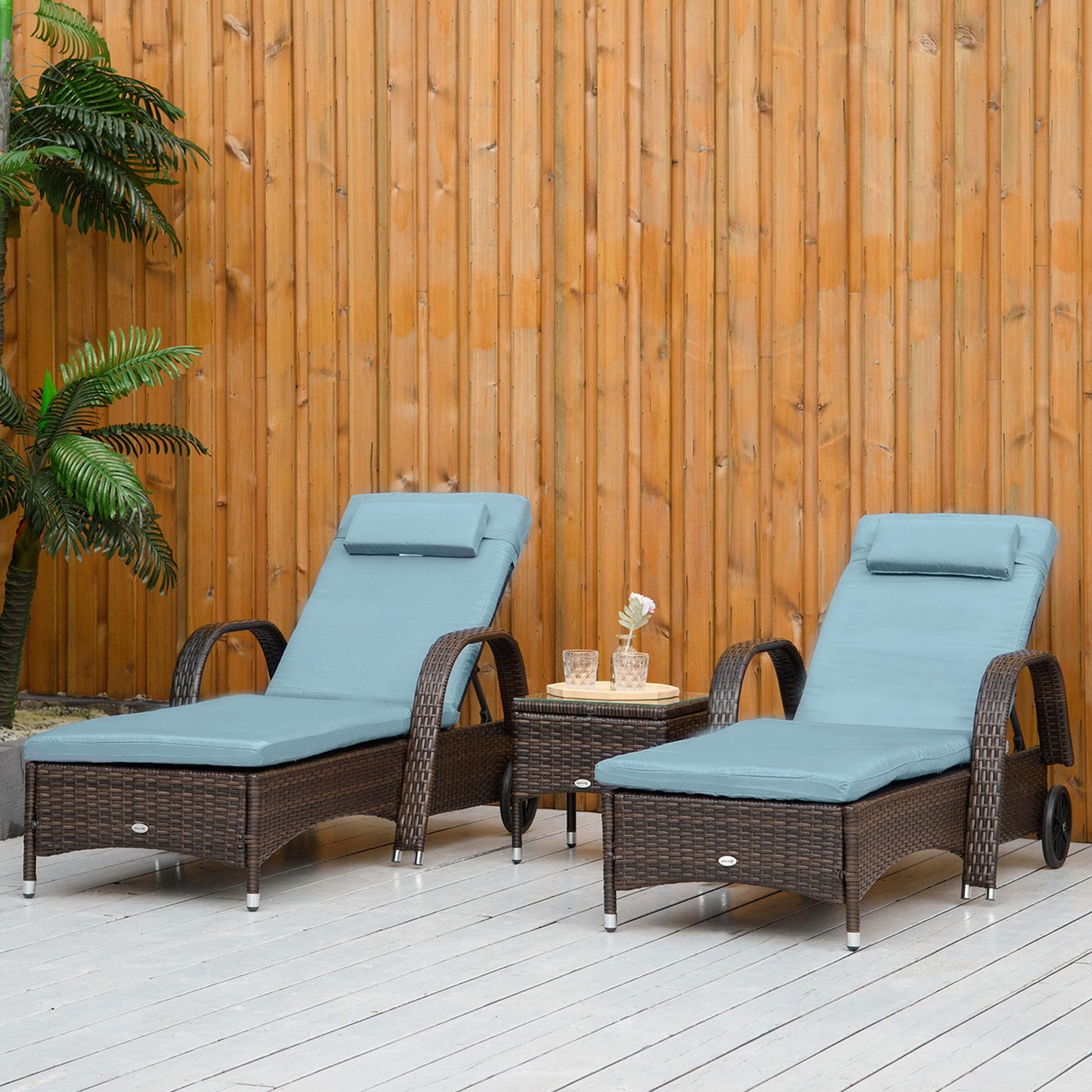 3 Pieces Wicker Patio Lounger Set with Table, PE Rattan Outdoor Lounge Chair Set with Cushions, Wheels, 5-Level Reclining Backrest, Headrest, Brown/Grey