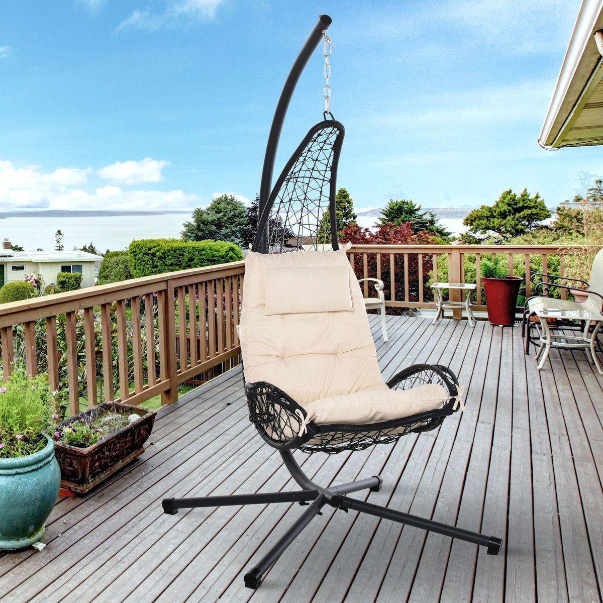 Outdoor Patio Wicker Hanging Egg Chair with Stand, Hammock Swing Chair with Cushion and Pillow, swing Chair with Stand, Cup Holder for Backyard, Garden, Porch, Beige