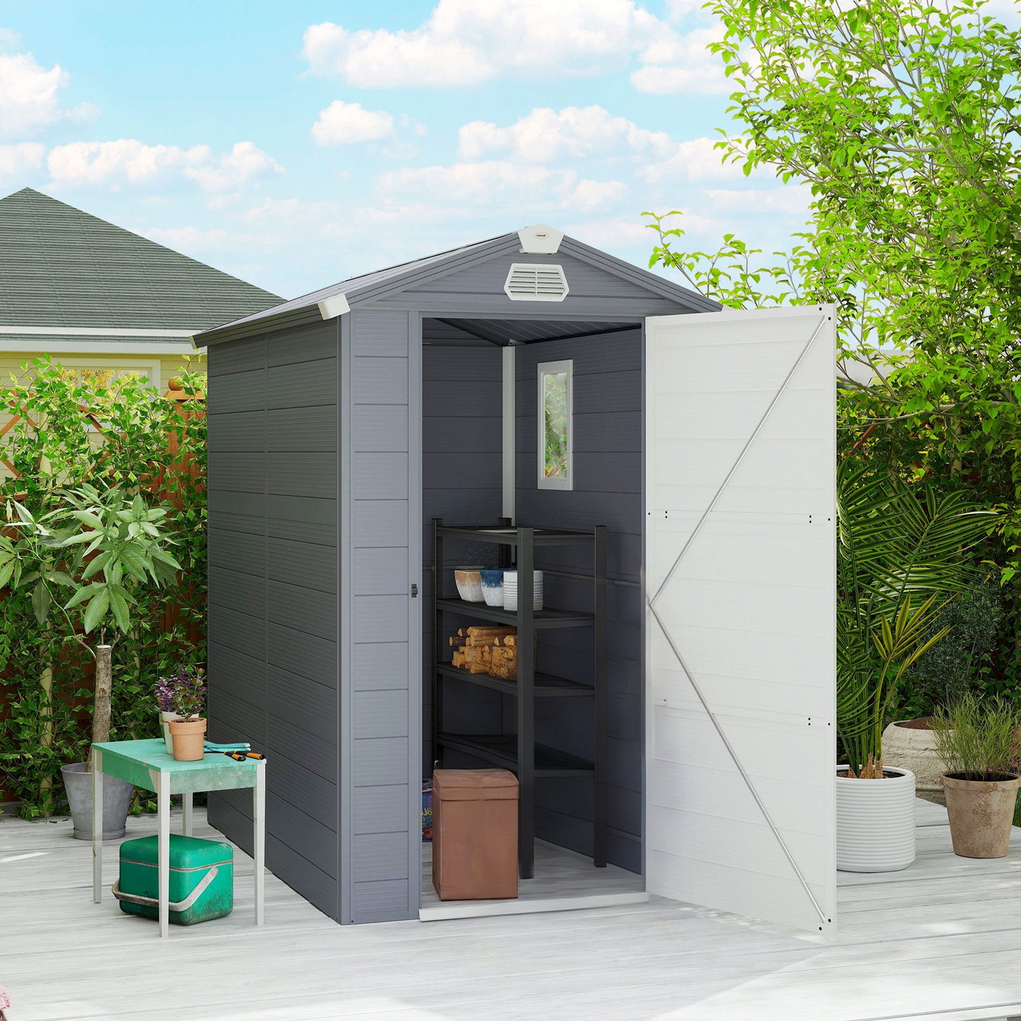 4.5' x 6' Garden Storage Shed with Latch Door, Vents, Sloped Roof, Light Grey