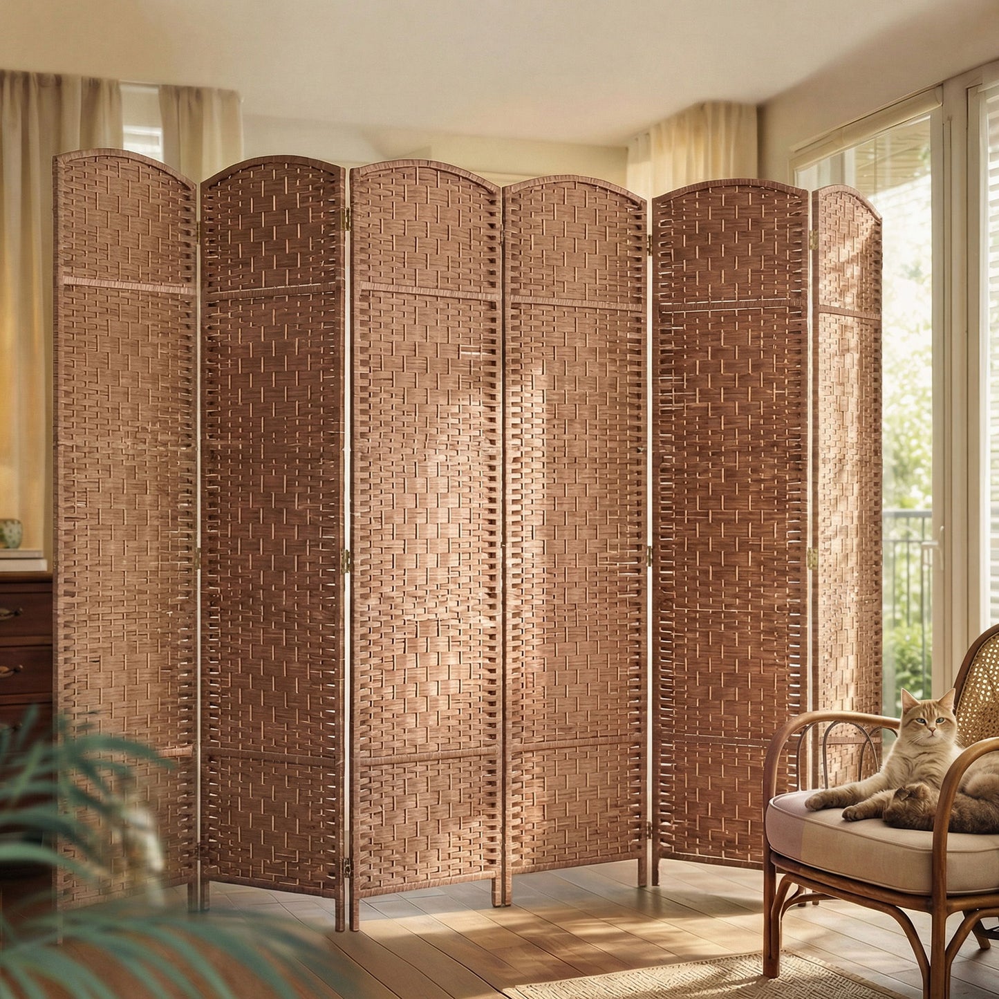 6ft Folding Room Divider, 6 Panel Wall Partition with Wooden Frame for Bedroom, Home Office, Natural