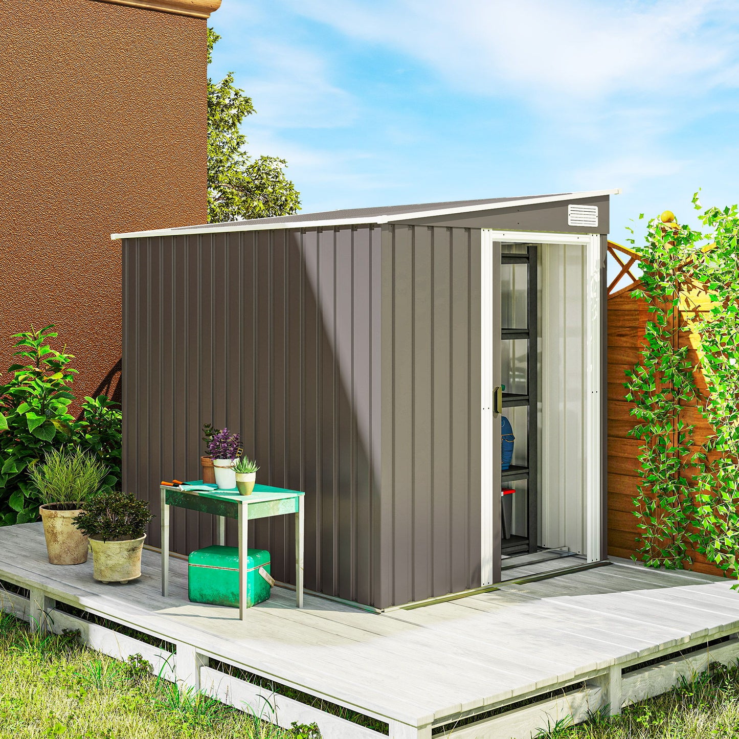 5'x7' Lean to Galvanized Metal Shed with Foundation, Garden Tool Storage House w/ Sliding Door and 2 Vents, Light Grey
