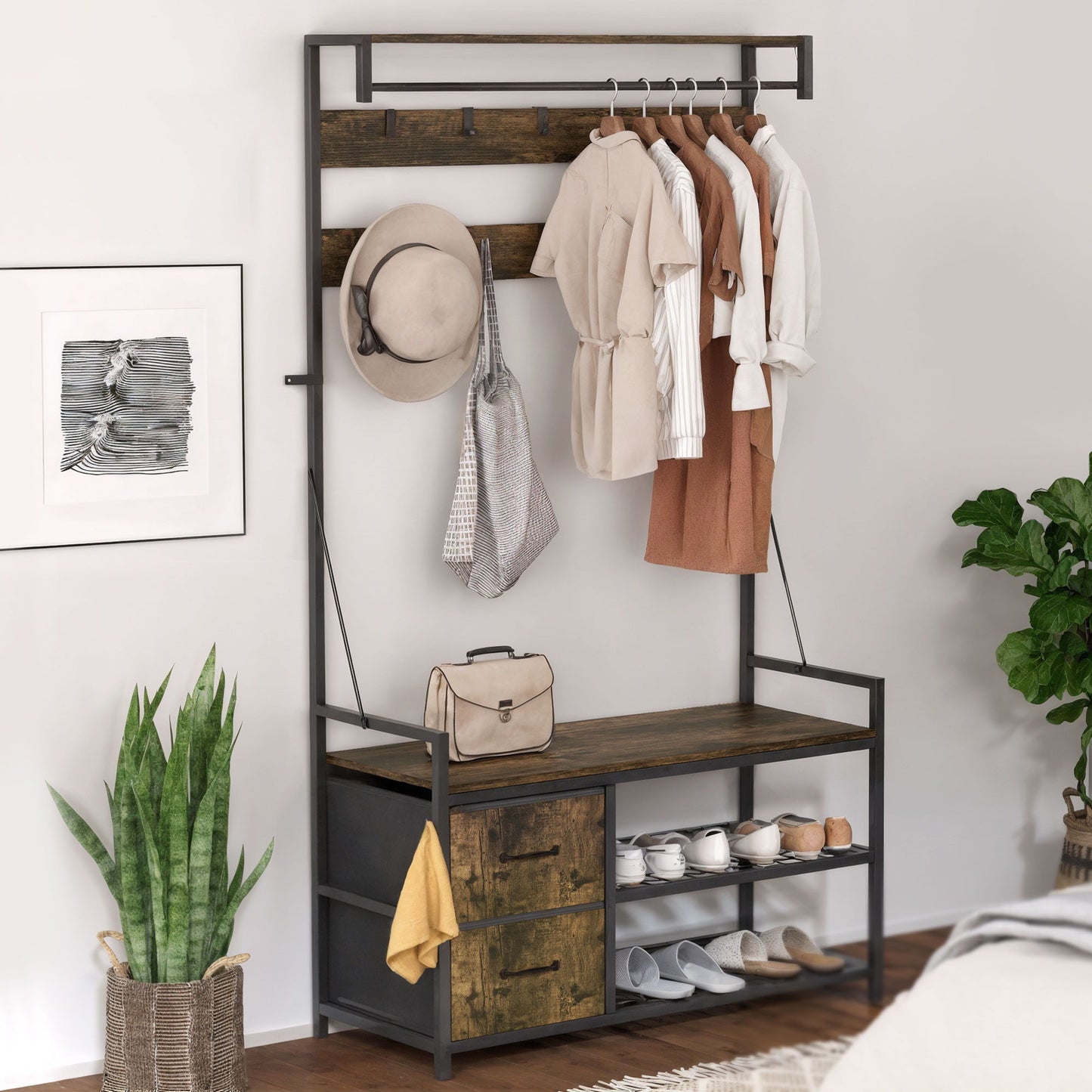 6-In-1 Hall Tree with Shoe Storage, Coat Rack Shoe Storage with 10 Hooks, 2 Fabric Drawers, Rustic Brown