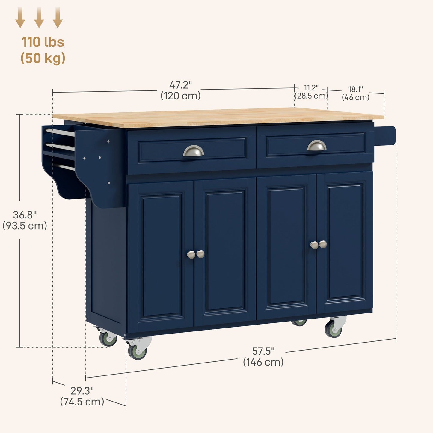 Rolling Kitchen Island with Drop Leaf - Navy Blue