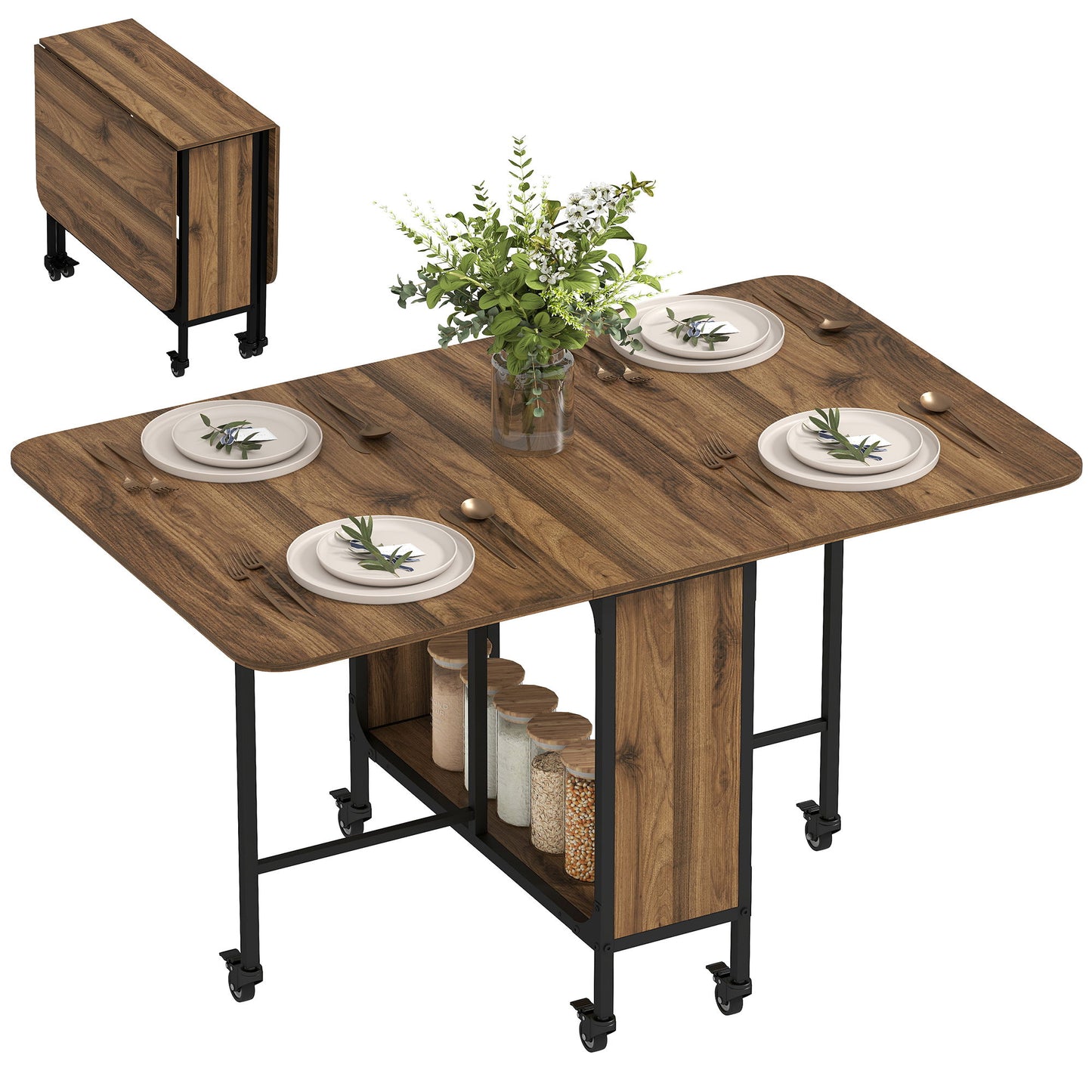 Folding Dining Table, Extendable Kitchen Table for Small Spaces with Storage Shelf and 6 Wheels, Light Brown