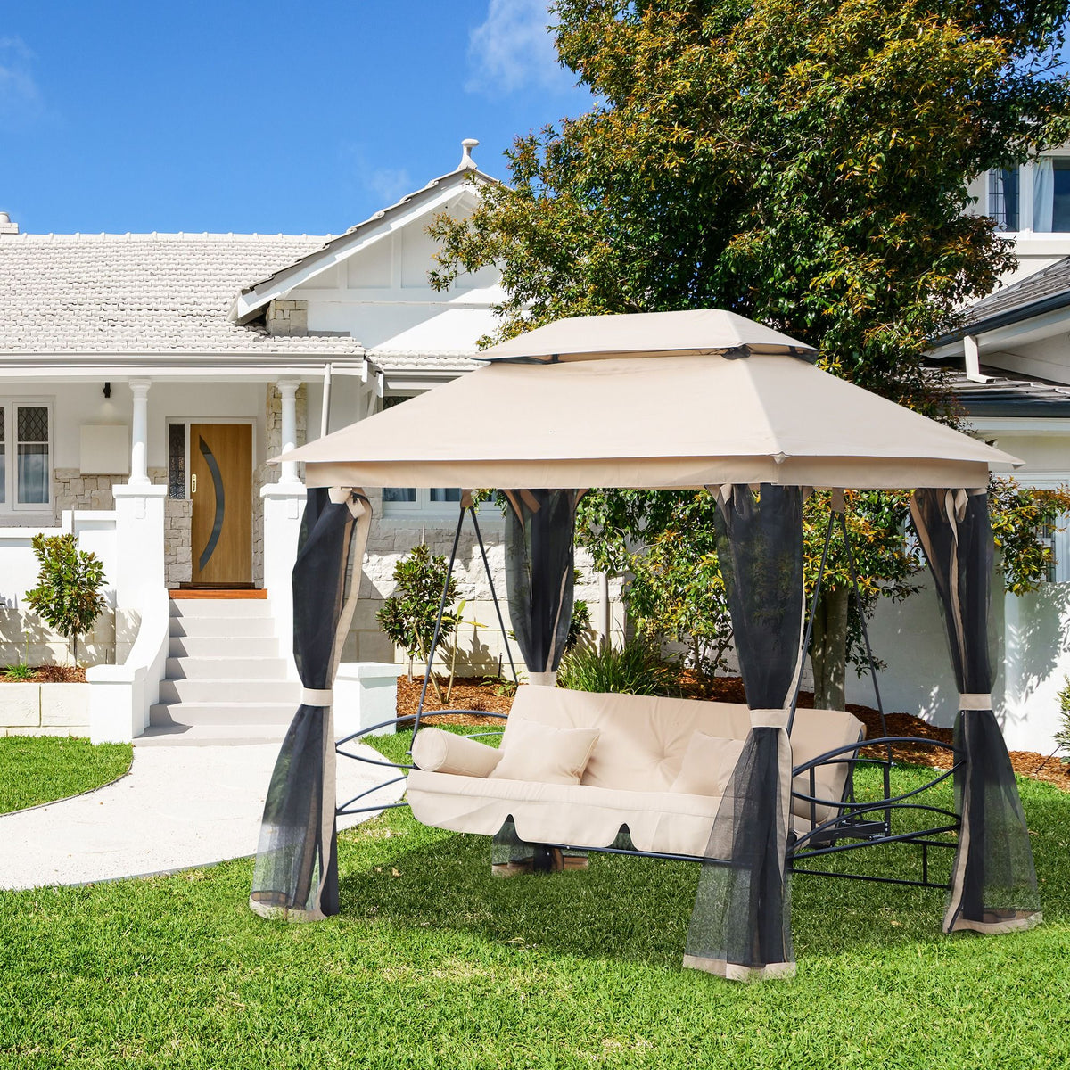 3 Person Outdoor Patio Daybed 3 in 1 Canopy Gazebo Swing Chair Garden Hammock with Mesh Mosquito Net and Sun Shade, Beige