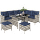 6pcs Outdoor Rattan Sofa Set Garden Wicker Sectional Couch Furniture Set with Dining Table and Chair Deep Blue