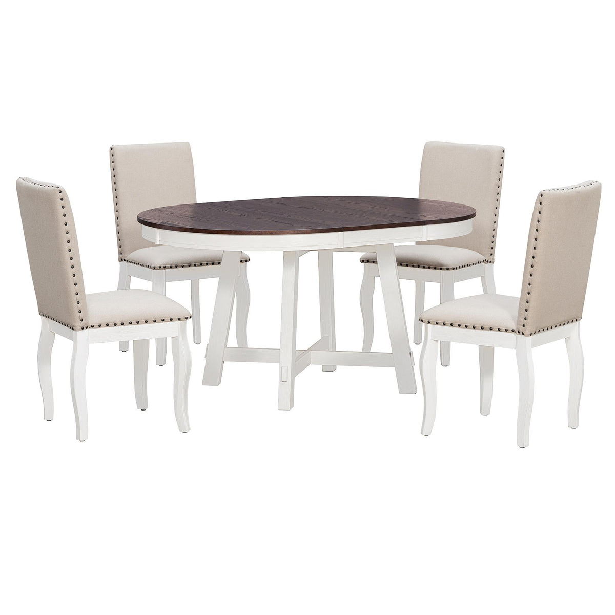 Farmhouse Dining Set with Upholstered High-Back Chairs, Sturdy Side Chair Set for Living Room, 58" L x 42" W x 30" H, Beige+Off White+Walnut