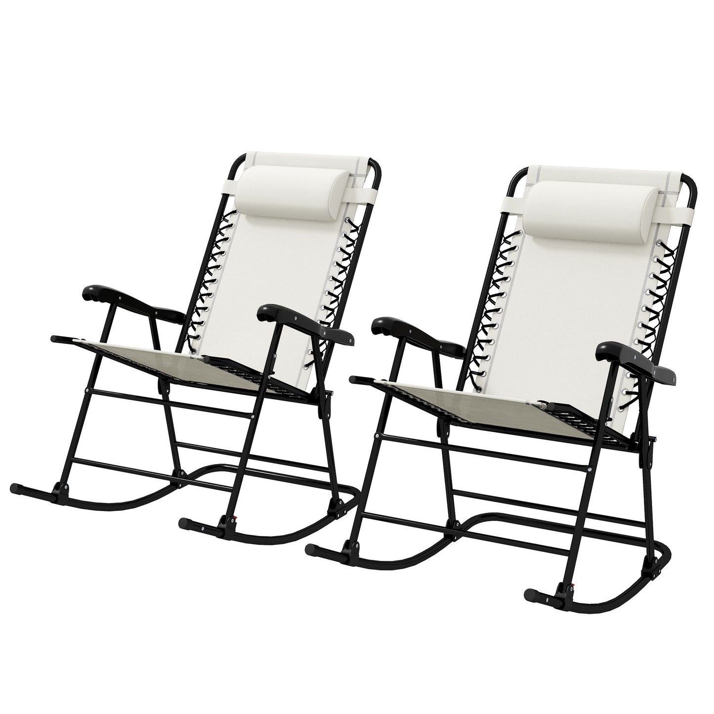 2pc Patio Foldable Rocking Chair Set w/ Breathable Mesh Seat & Backrest, Headrest for Park, Backyard, Garden, Cream