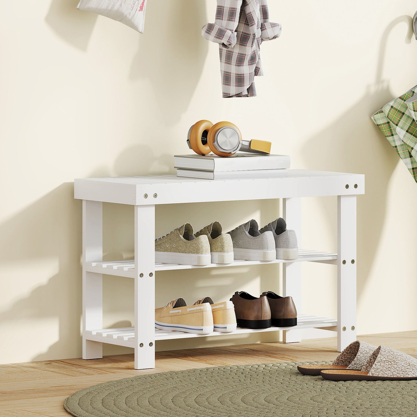 Bamboo Shoe Storage Bench, 3-Tier Entryway Bench with 2 Storage Shelves for Hallway, Holds 6 Pairs, White