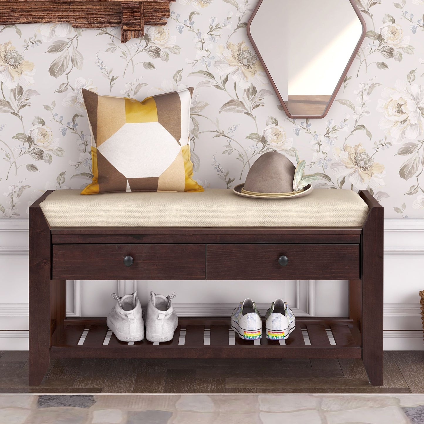 Shoe Rack with Cushioned Seat and Drawers, Pine Wood Construction, Multipurpose Entryway Storage Bench, 39" L x 14" W x 20" H, Dark Brown