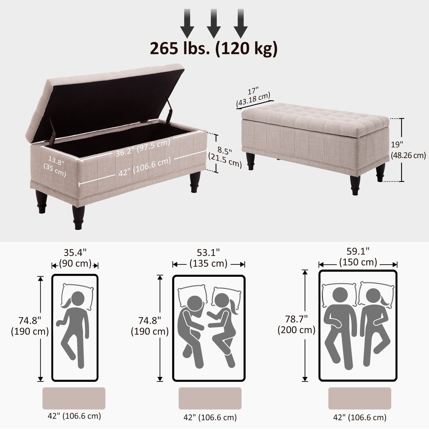 42" Tufted Storage Bench with Soft-Close Lid - Beige