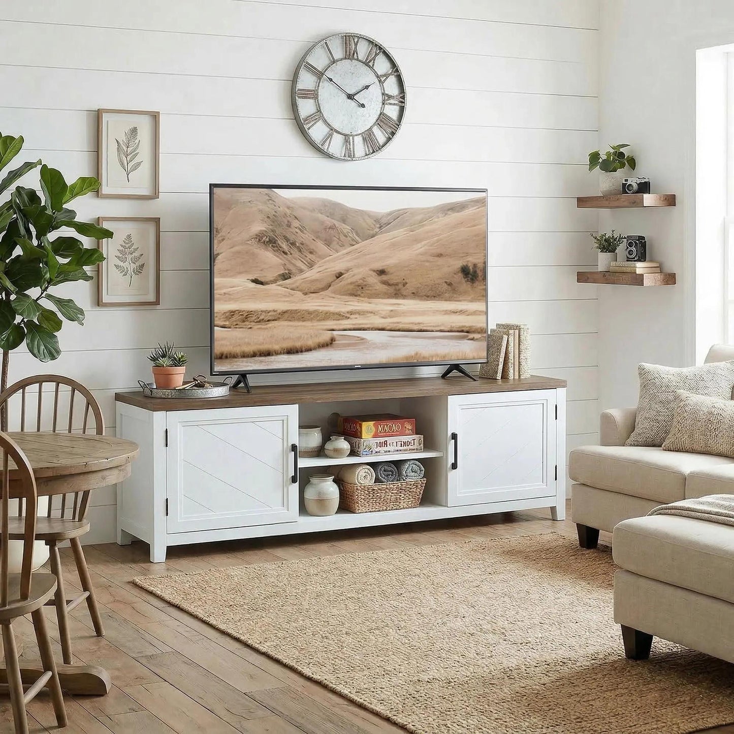 TV Stand for TVs up to 42 Inch, Entertainment Center with 2 Open Shelves, 2 Cabinets, Thick Top, White and Brown