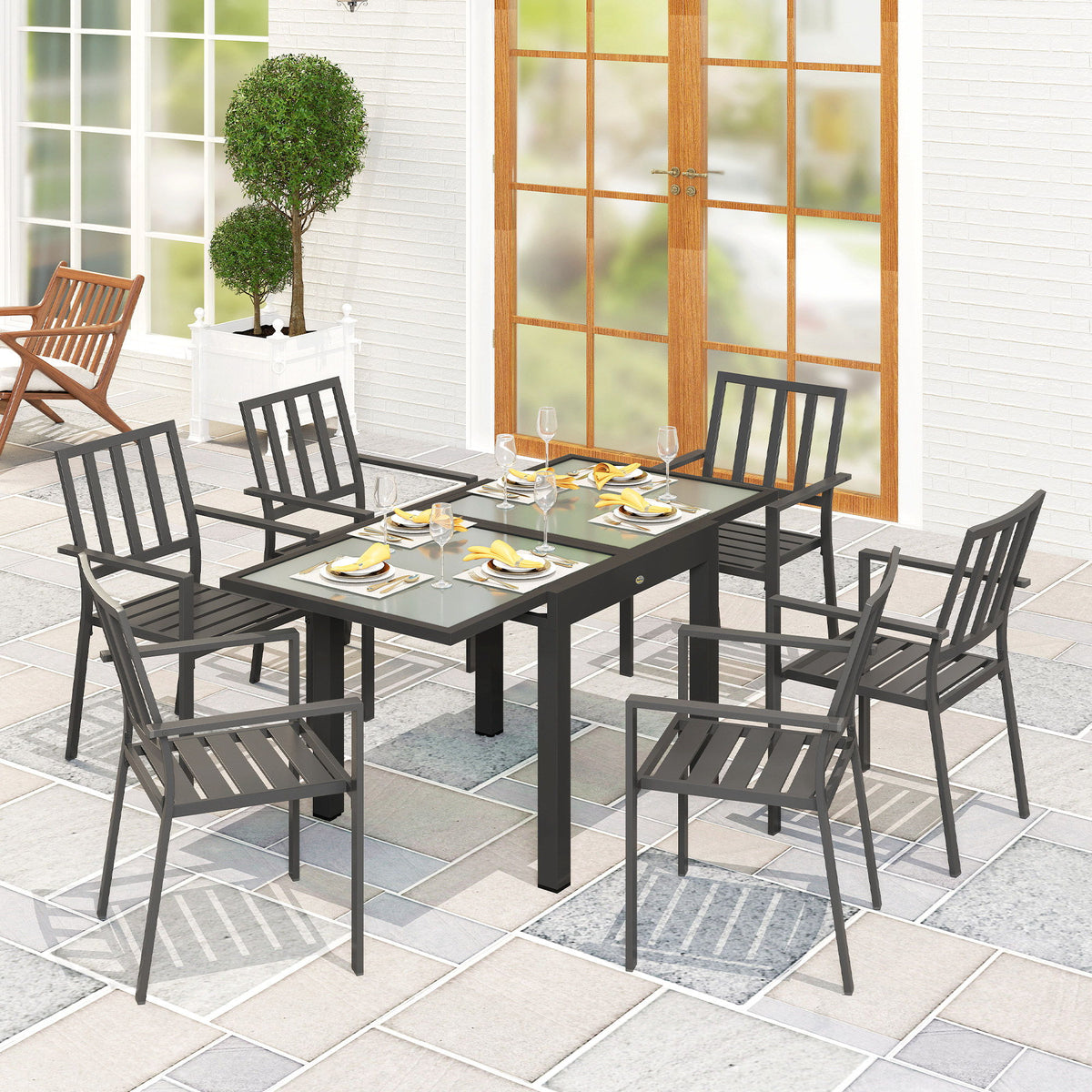 Extendable Patio Dining Table, Tempered Glass Aluminum Outdoor Table for Garden Lawn Backyard, Clear