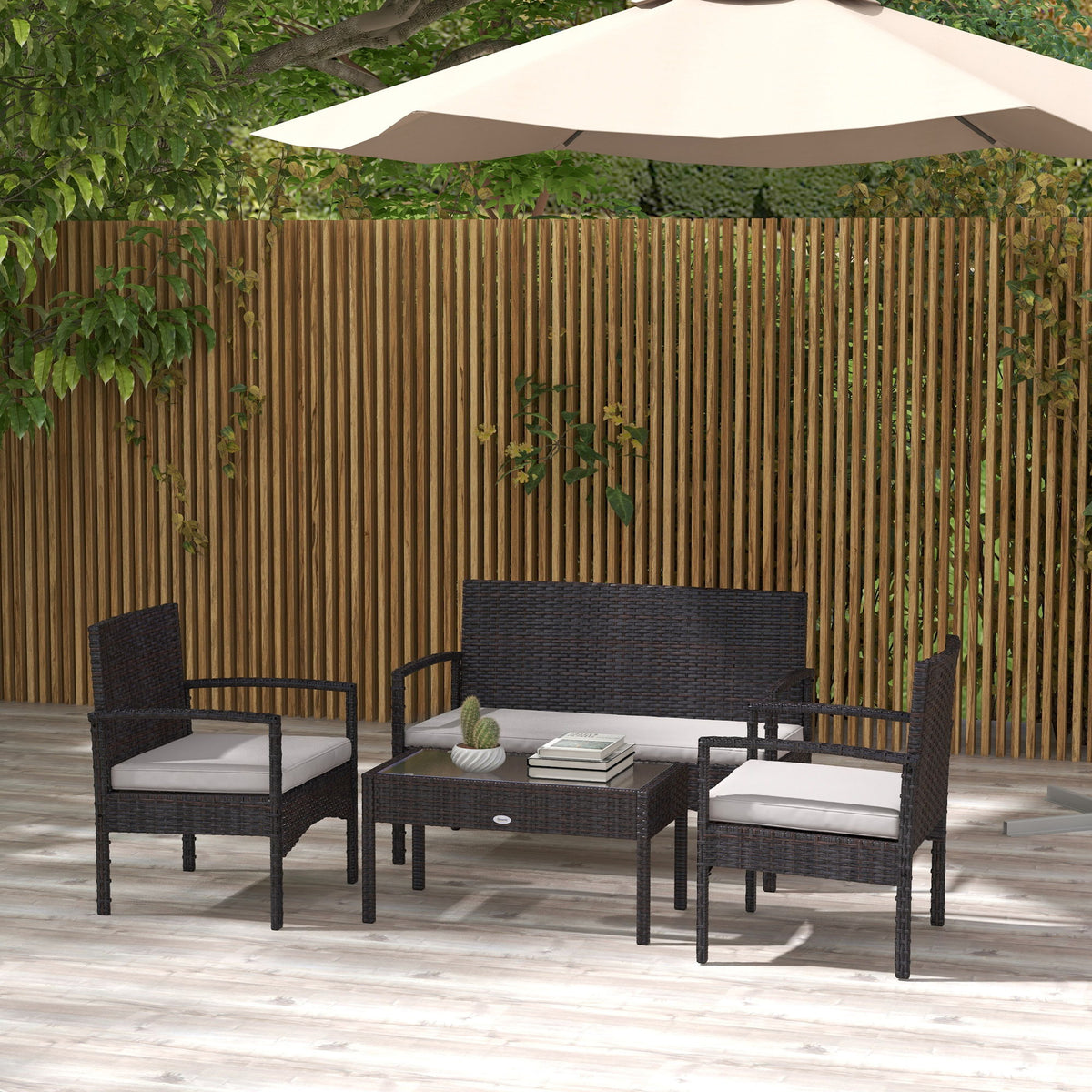 4 Pieces Patio Furniture Set with Loveseat Sofa, Armchairs, Glass Table, Outdoor Wicker Conversation Sofa Set, White