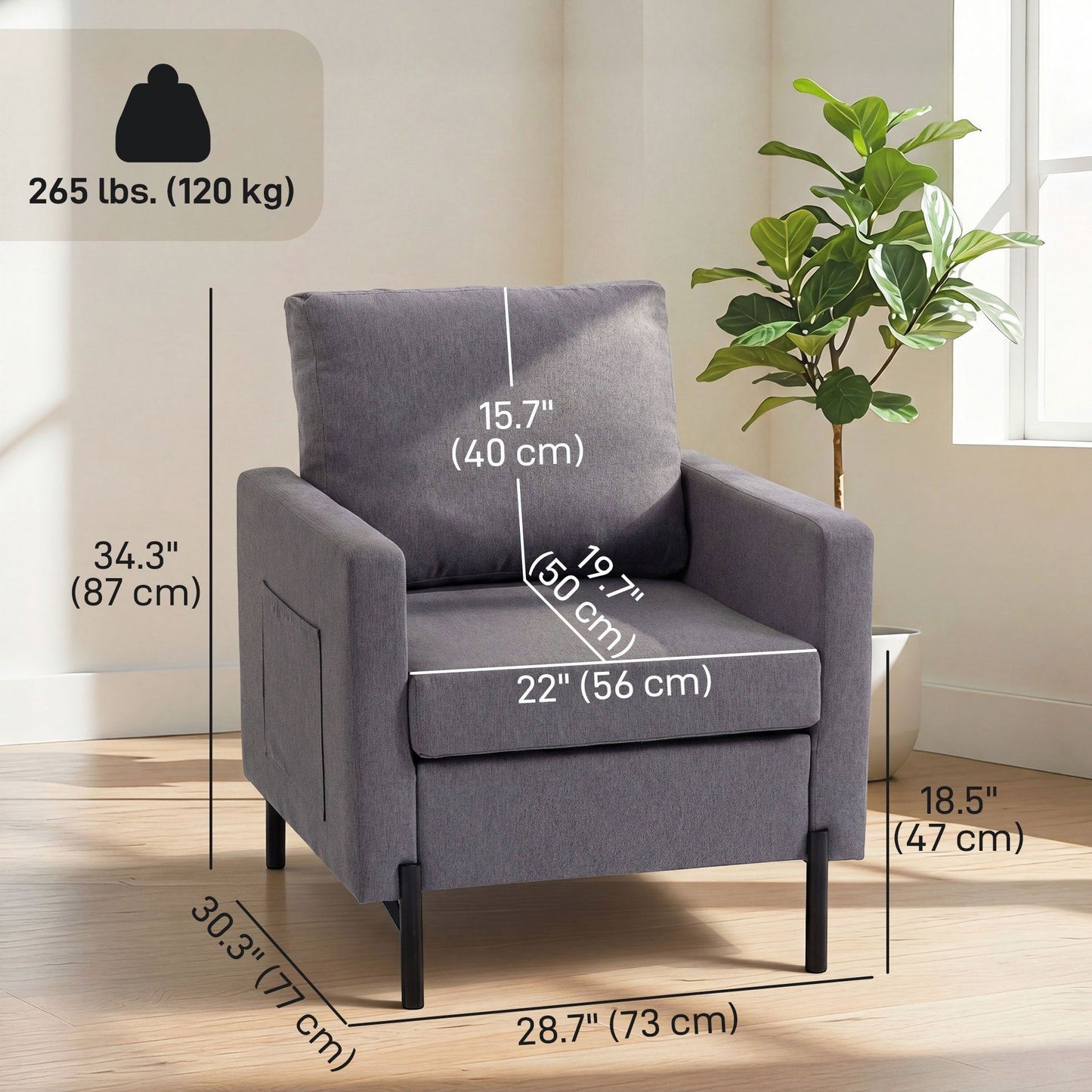 Upholstered Accent Armchair with Side Pockets - Dark Grey