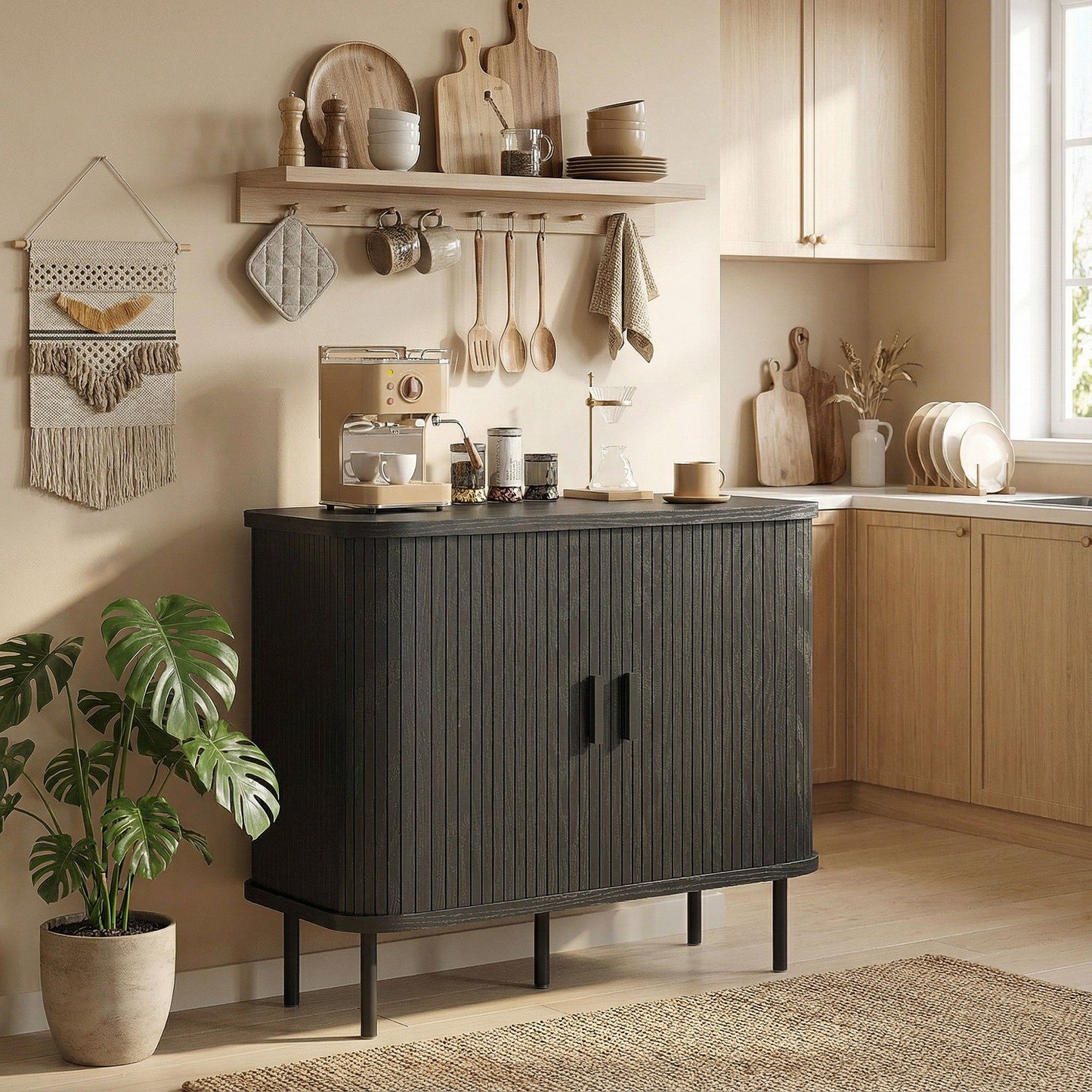 35.4" Coffee Bar Cabinet with Tambour Doors - Black