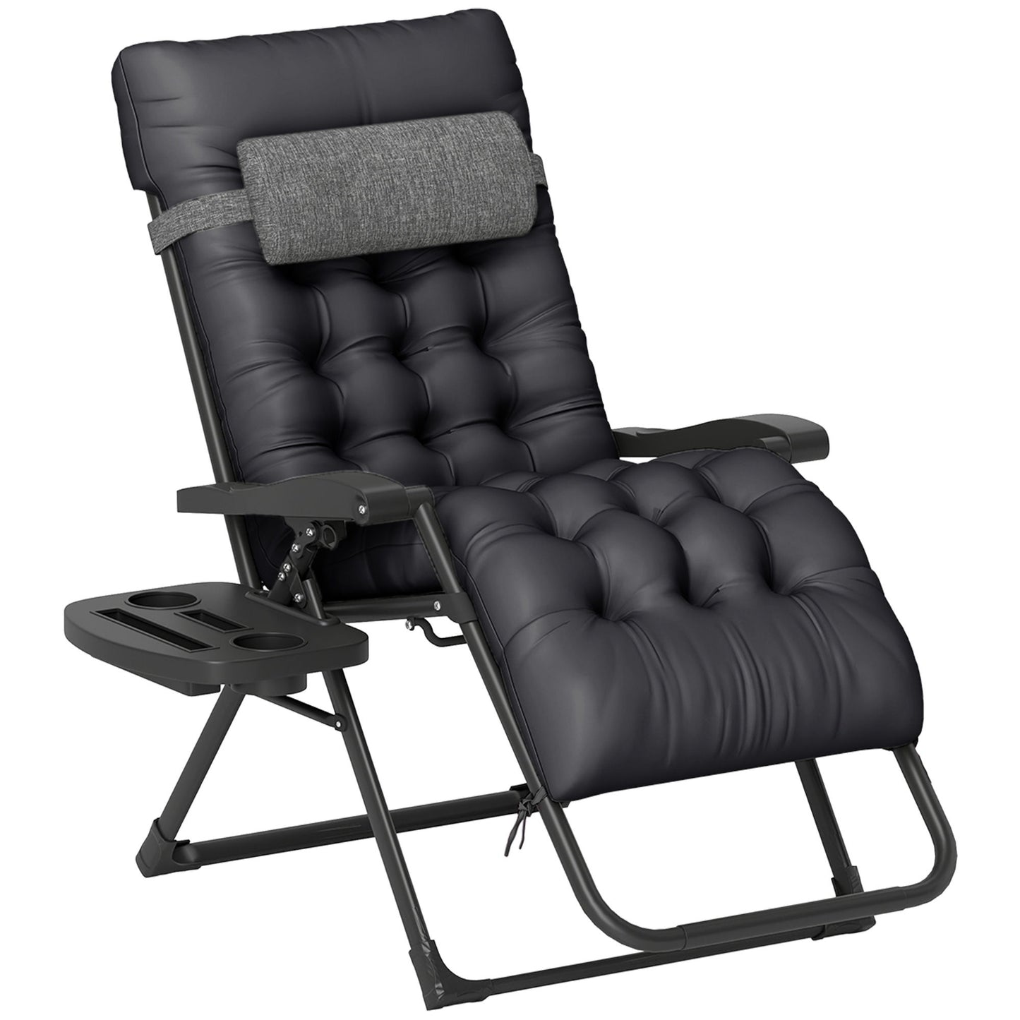 Padded Folding Recliner Chair, Patio Lounger with Cupholder, Adjustable Backrest, Removable Cushion, Black