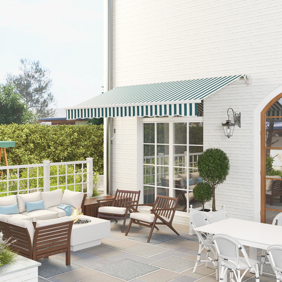 12' x 10' Manual Retractable Awning Outdoor Sunshade Shelter for Patio, Balcony, Yard, with Adjustable & Versatile Design, Green and White