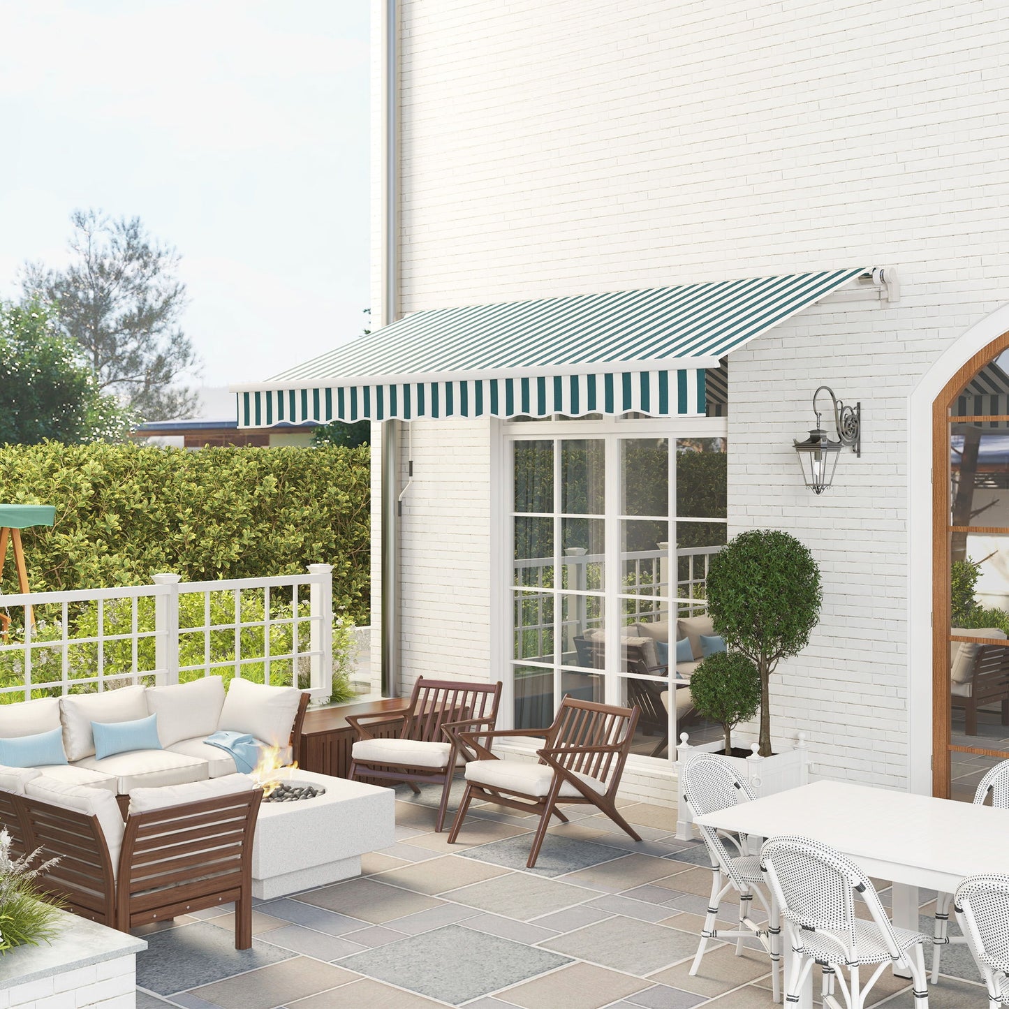 12' x 10' Manual Retractable Awning Outdoor Sunshade Shelter for Patio, Balcony, Yard, with Adjustable & Versatile Design, Green and White