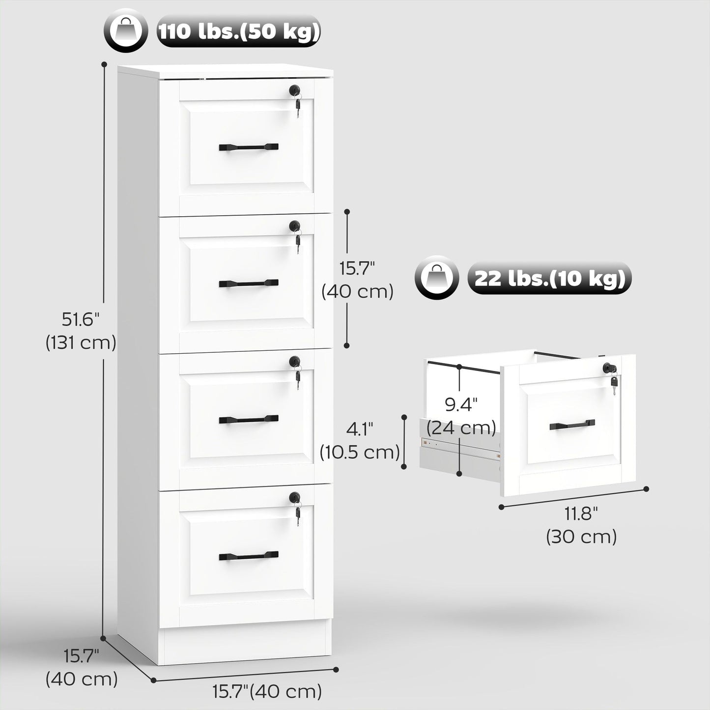 4-Drawer Vertical Filing Cabinet with Lock - White