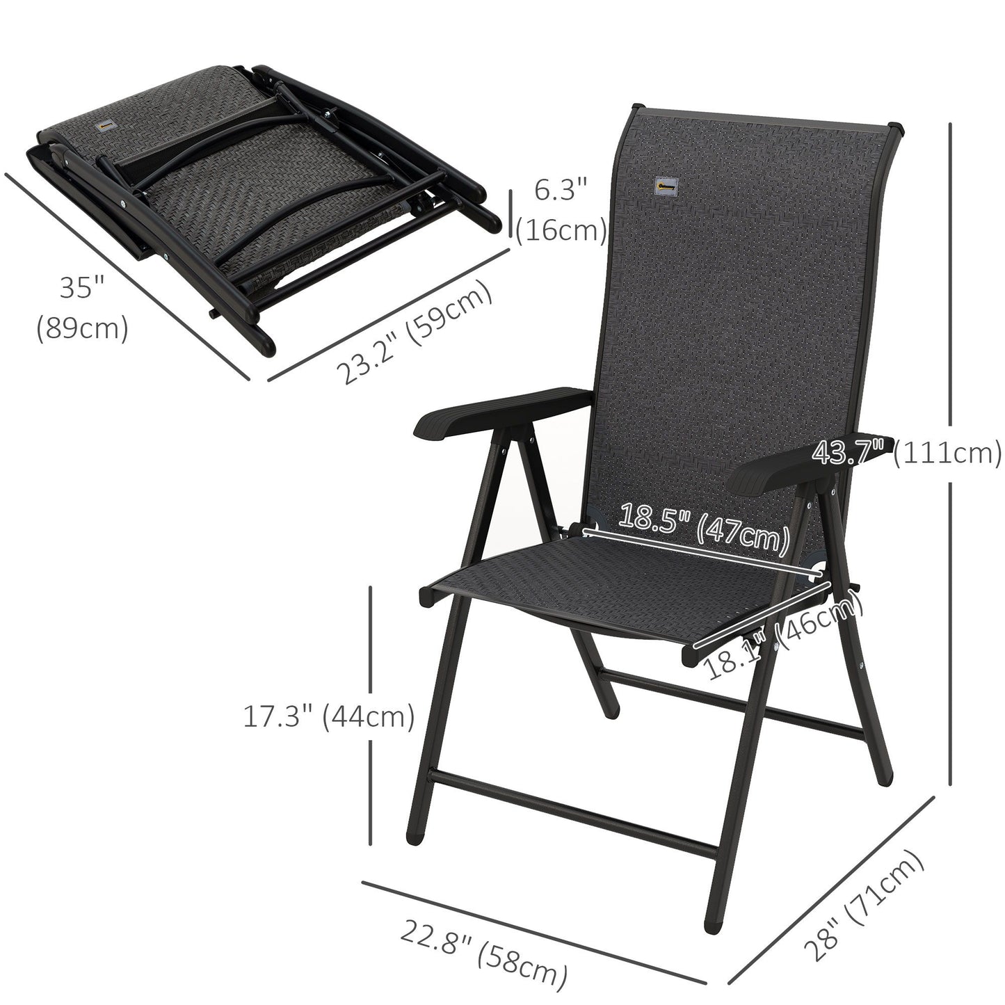 2PCs Outdoor Wicker Folding Chairs with Adjustable Backrest, Grey