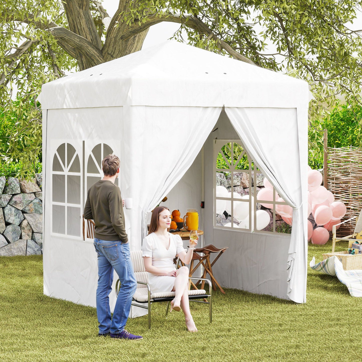 6.7' x 6.7' Pop-Up Canopy Tent with Sidewalls, Height-Adjustable, Carry Bag Included, for Outdoor, Garden, Patio, White