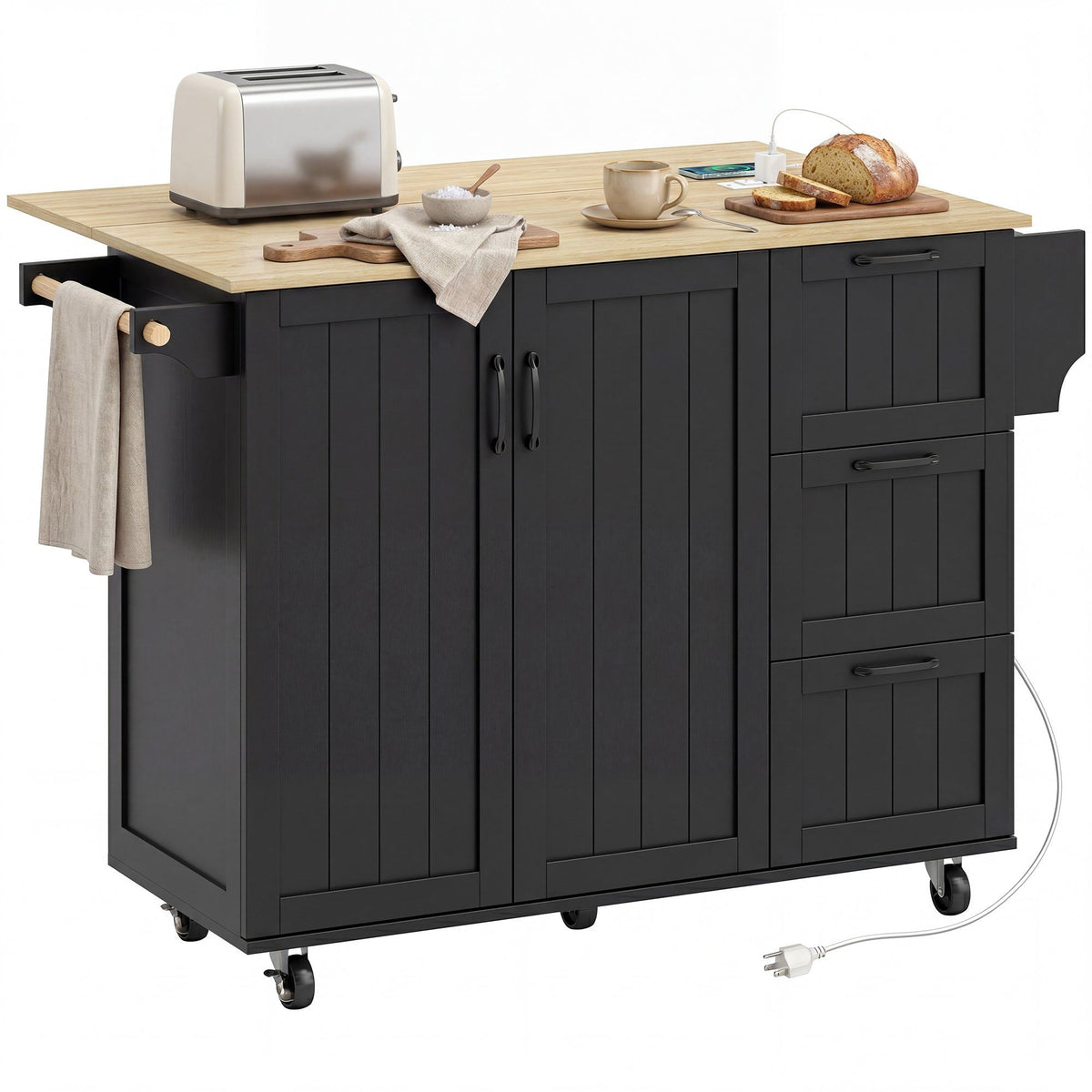 Kitchen Island Cart with Drop Leaf and Power Outlet - Black