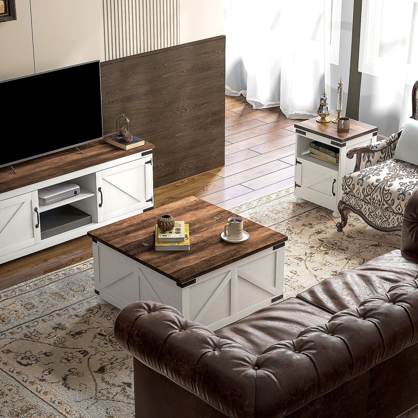 Coffee Table with Lift Top, 32" Farmhouse Center Table with Hidden Compartment for Living Room, Antique White