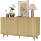 Fluted Sideboard Buffet Cabinet, 55" Coffee Bar Cabinet with 4 Doors, 2 Adjustable Shelves, 5 Wood Legs, Nature Wood