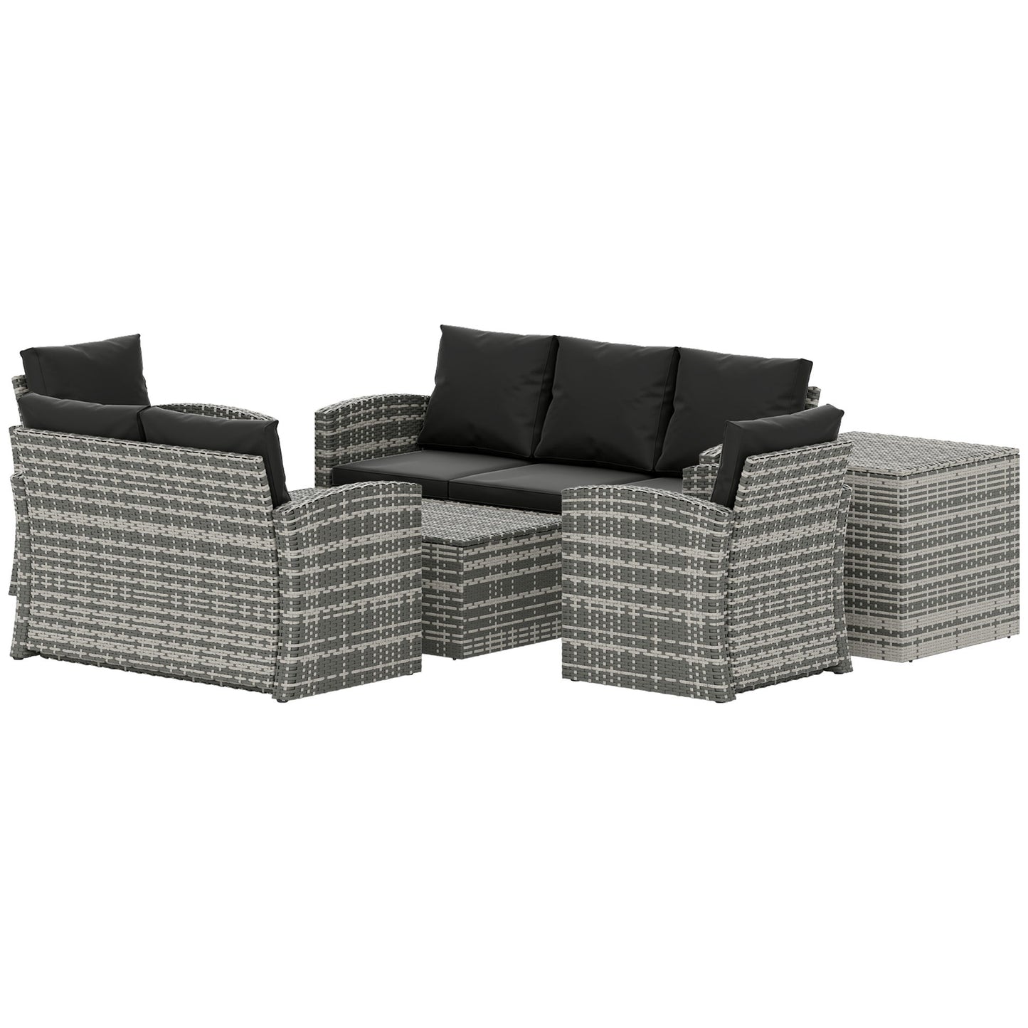 6 Pieces Wicker Patio Furniture Set with Cushions, 7-Seater Rattan Patio Sofa Set with Storage Coffee Table & Side Table, Sectional Outdoor Furniture Set, Black