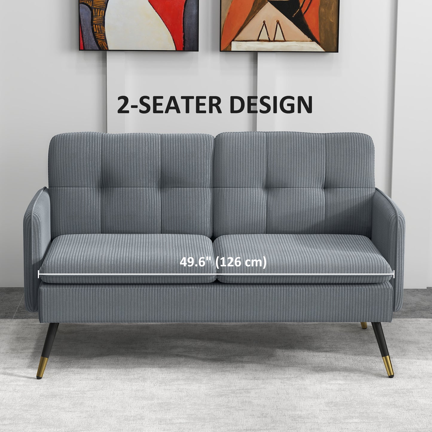 55" Loveseat Sofa, Corduroy Love Seat w/ S spring, Steel Legs and Button Tufting, Small Couch for Living Room, Dark Grey