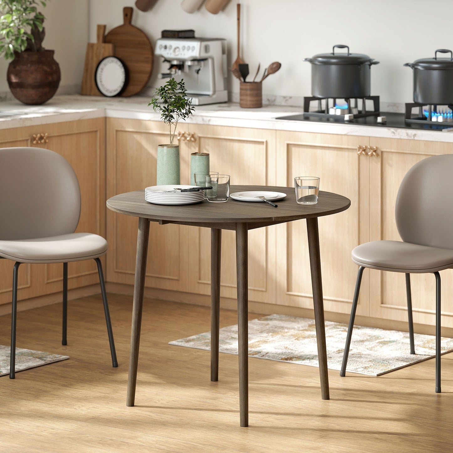 Folding Dining Table, Round Drop Leaf Kitchen Table for Small Spaces with Wood Legs, Distressed Grey