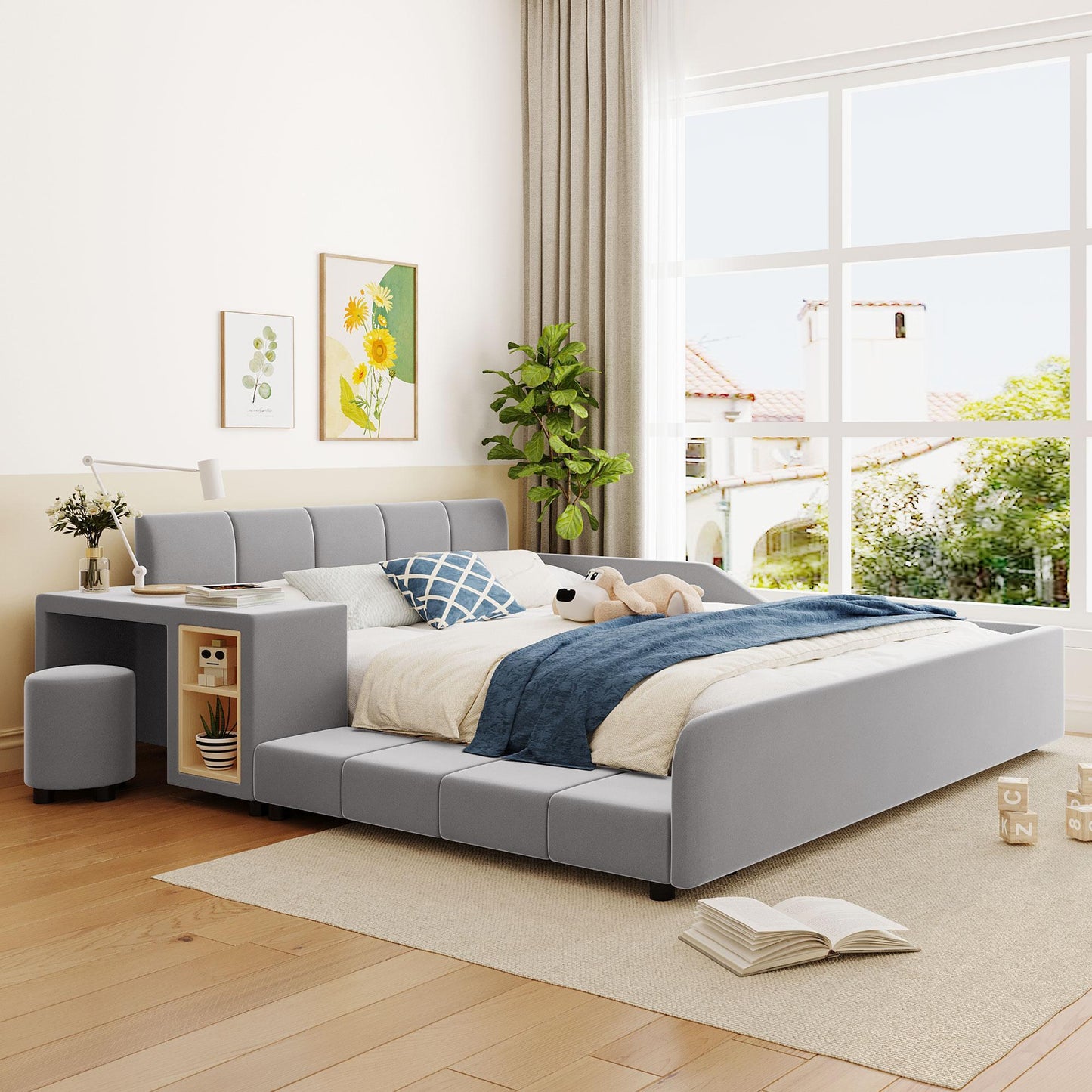 Queen Size Upholstered Bed with Built-In Bedside Desk and Round Stool, Solid Bedboard with Sturdy MDF Frame, 85'' L x 73'' W x 29'' H, Gray