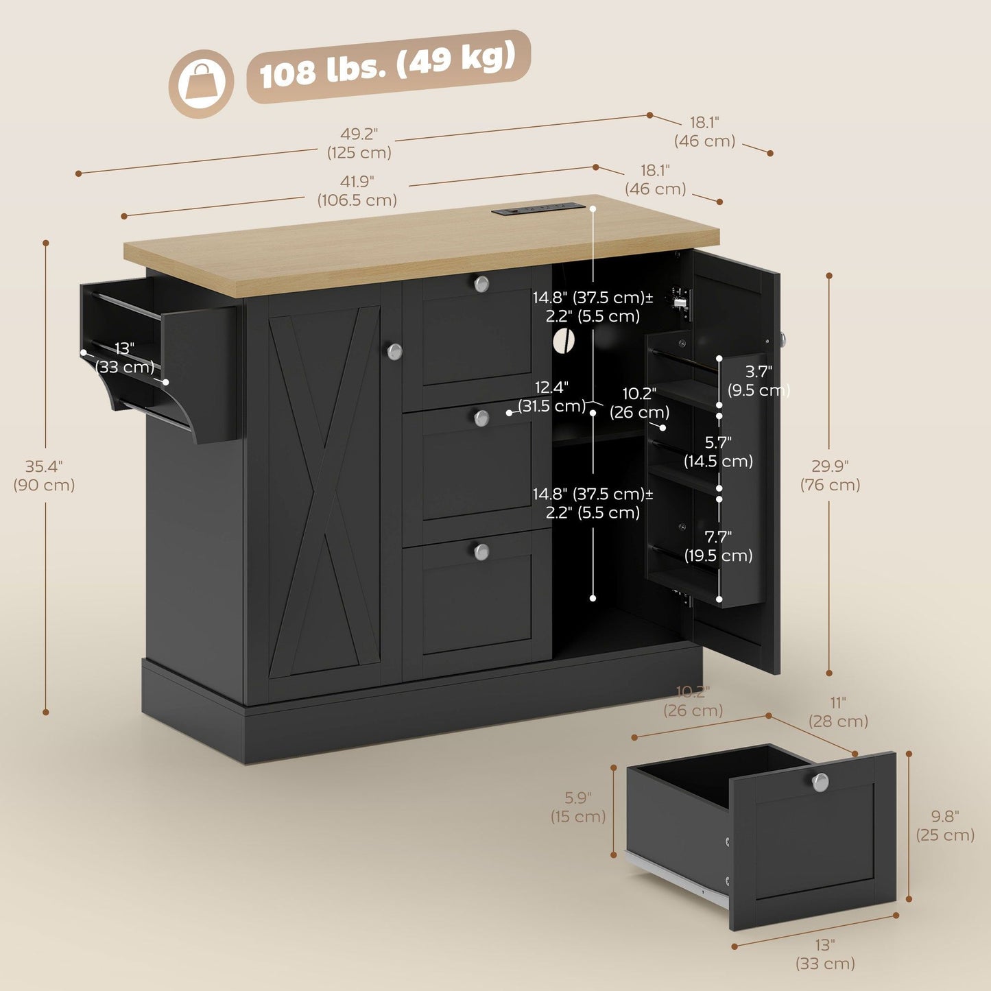 49" Kitchen Island Cart with Power Outlet - Black