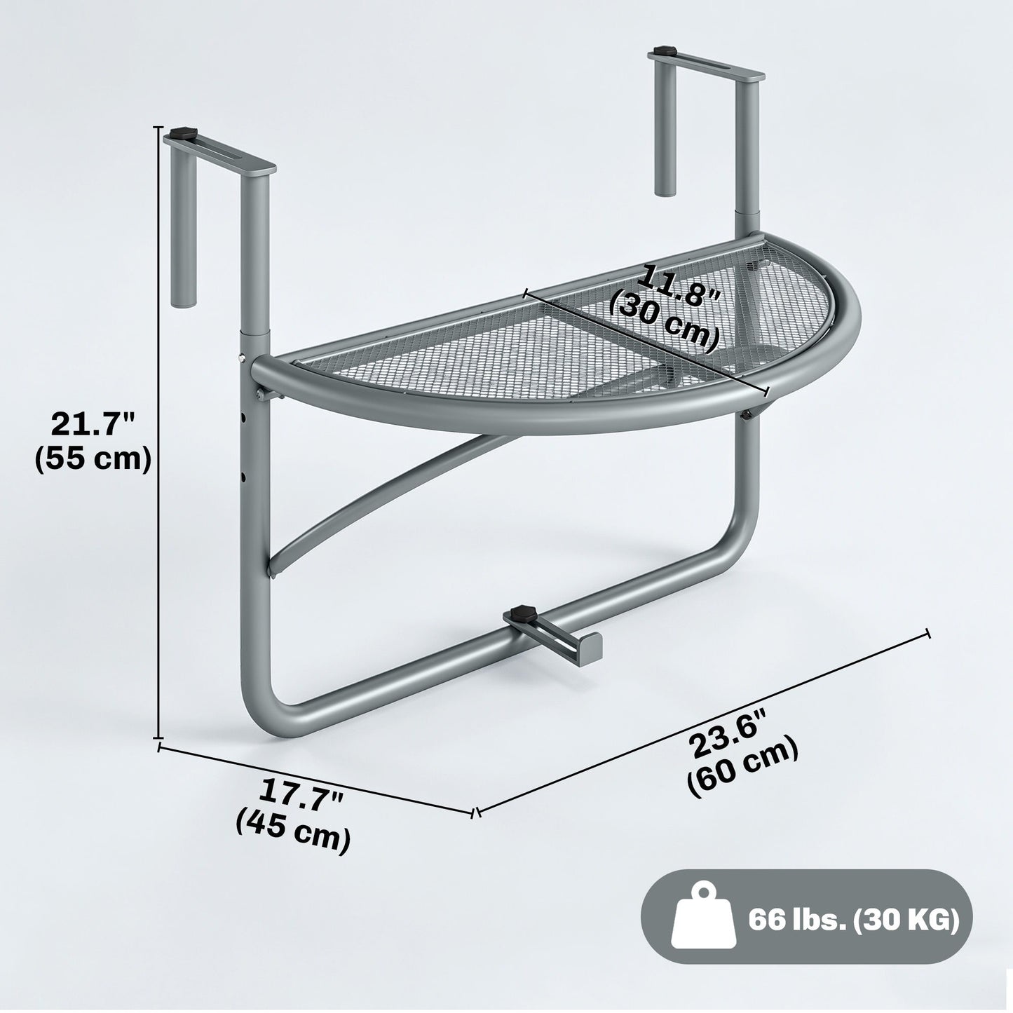 Adjustable Balcony Hanging Railing Table, Metal Mounting Mini Wall Desk Storage Rack, Outdoor Flower Stand Serving Table Half Round, Grey