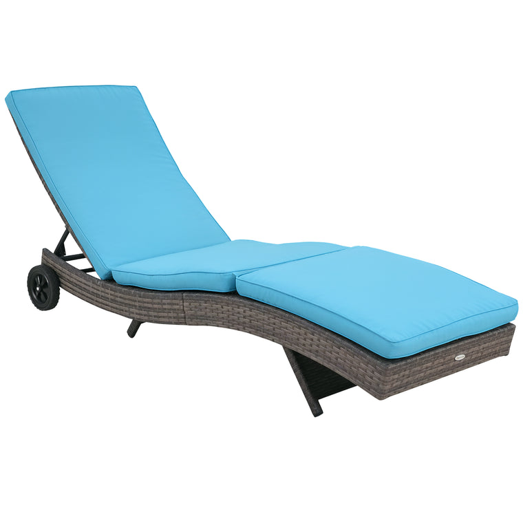 Sky Blue Wicker Chaise Lounge with Wheels