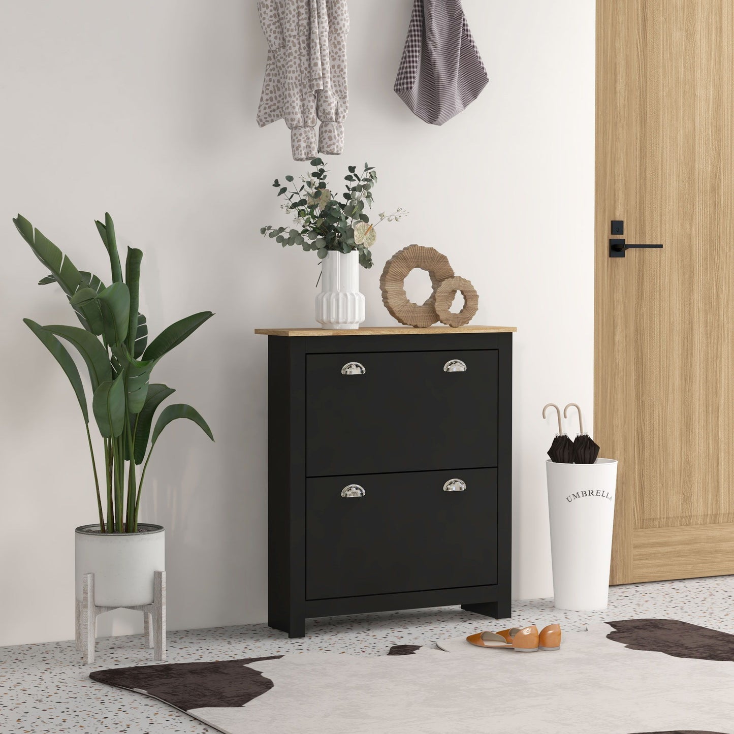 Small Shoe Cabinet with 2 Flip Drawers and Adjustable Shelves, 12 Pair Shoe Storage Organizer for Hallway, Black