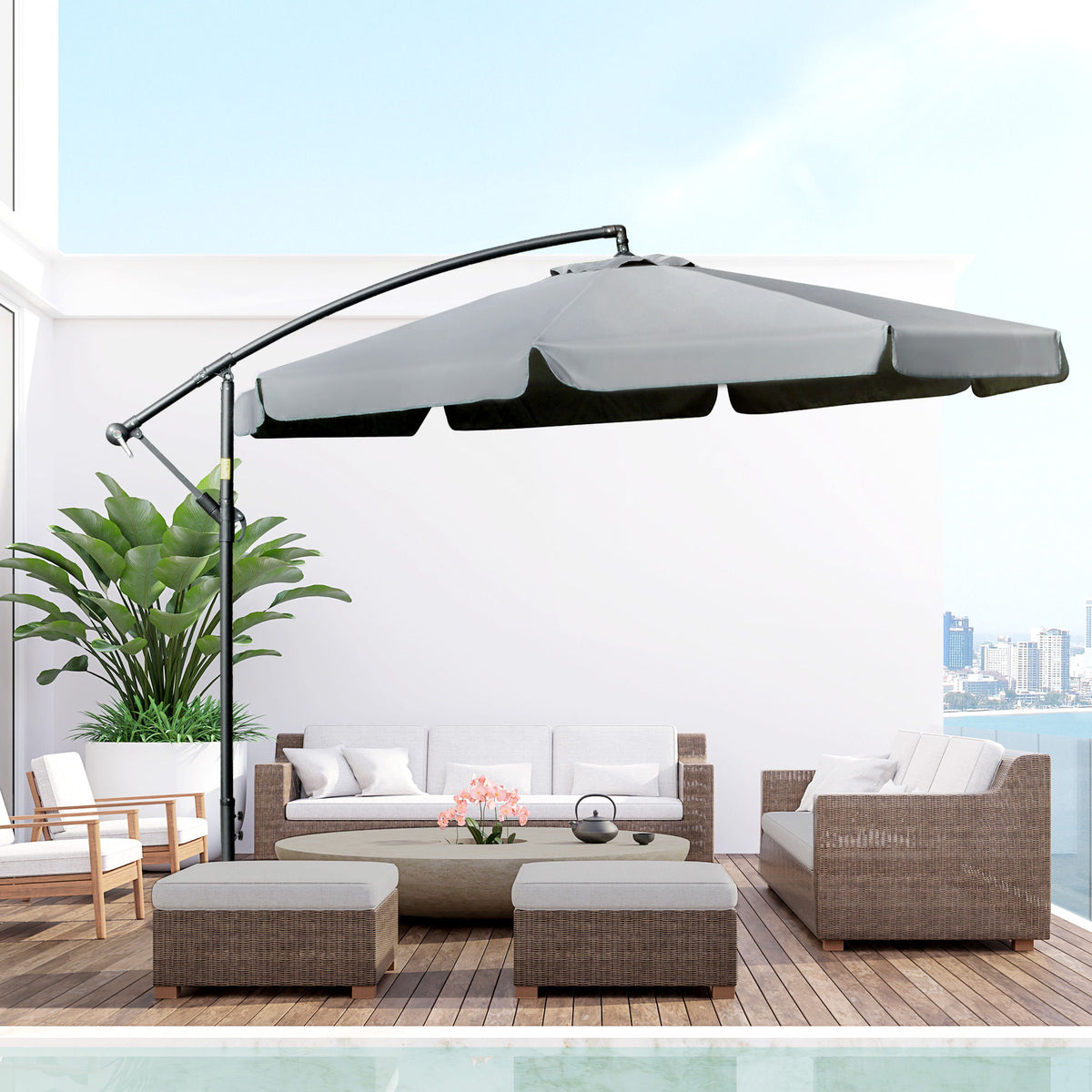 11FT Offset Hanging Patio Umbrella Cantilever Umbrella with Easy Tilt Adjustment, Cross Base and 8 Ribs for Backyard, Poolside, Lawn and Garden, Dark Grey