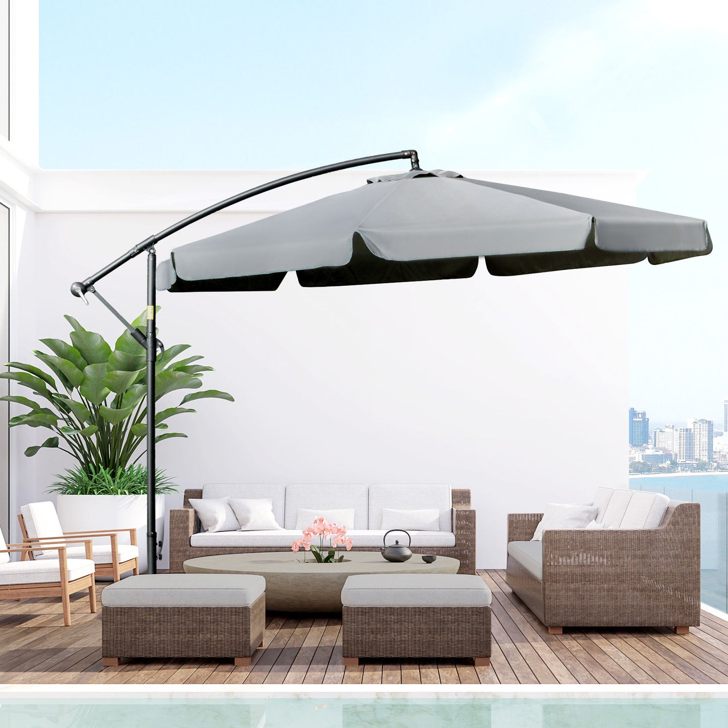 11FT Offset Hanging Patio Umbrella Cantilever Umbrella with Easy Tilt Adjustment, Cross Base and 8 Ribs for Backyard, Poolside, Lawn and Garden, Dark Grey