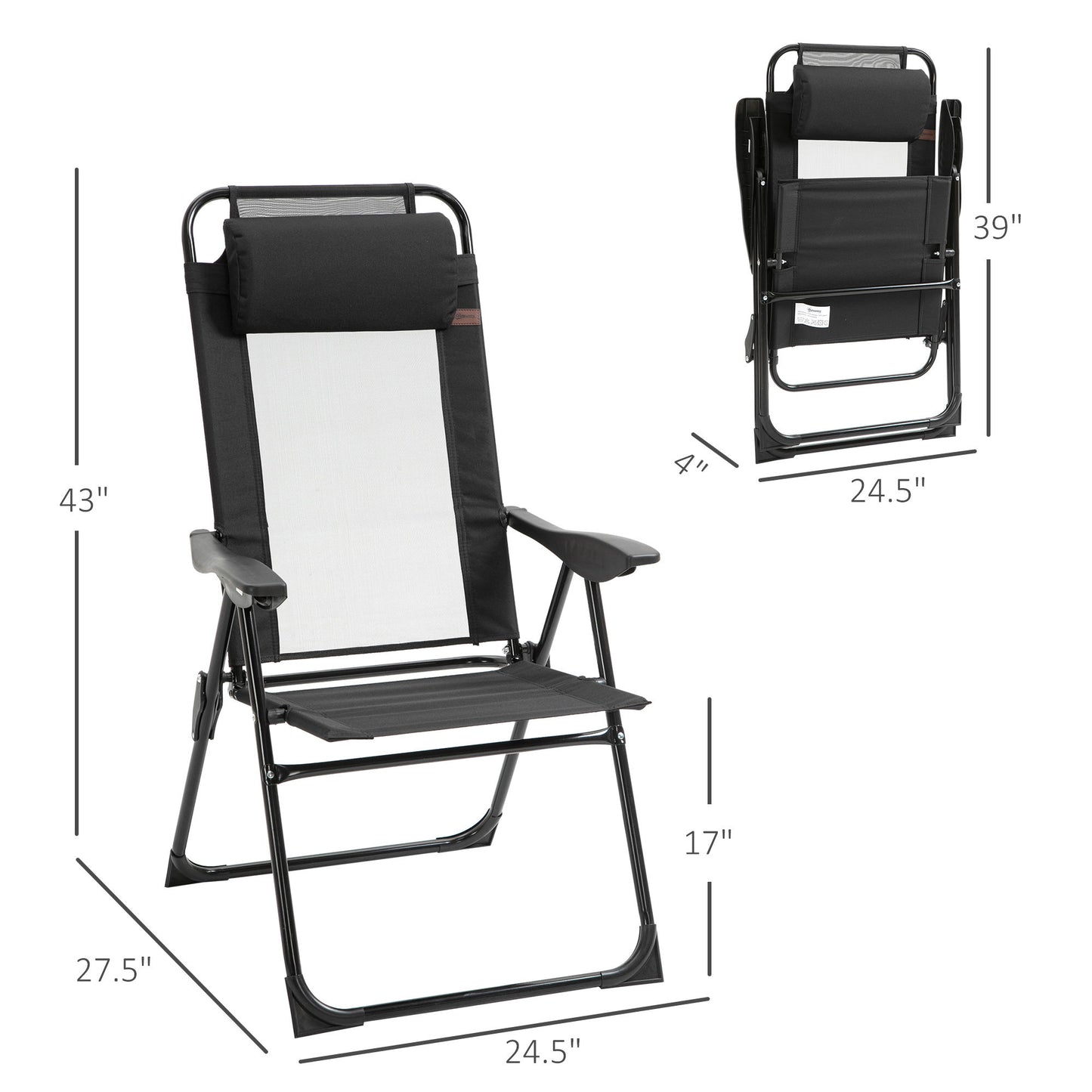 Set of 4 Camping Chairs, Outdoor Folding Lounge Chair Set with 5 Level Adjustable Backrest, Removable Headrest, Armrest for Camping, Backyard, Black
