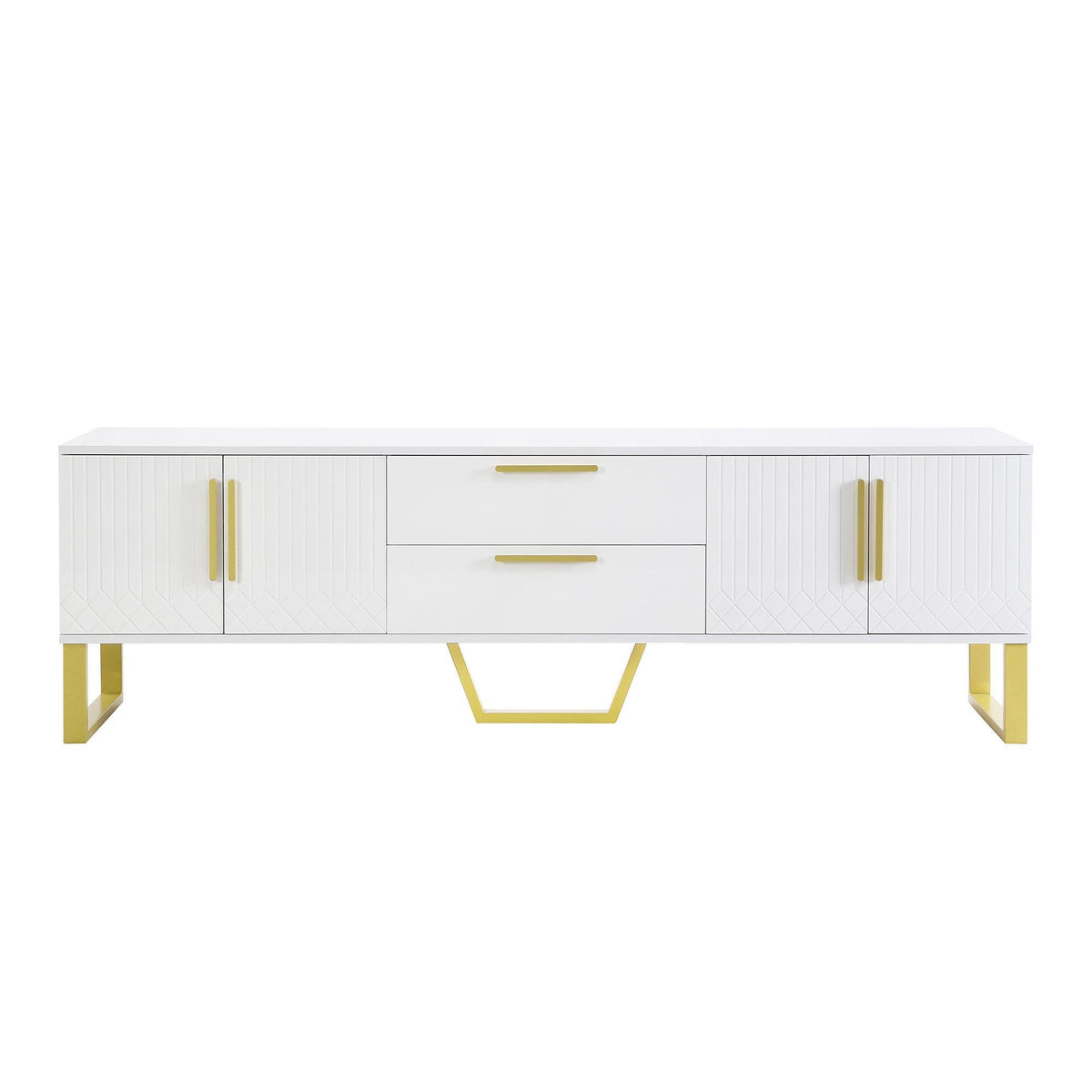Modern TV Cabinet with Centre Drawers and Internal Shelves, Floor-Standing Console with Cable Management, 67'' L x 15.5'' W x 20.5'' H, White